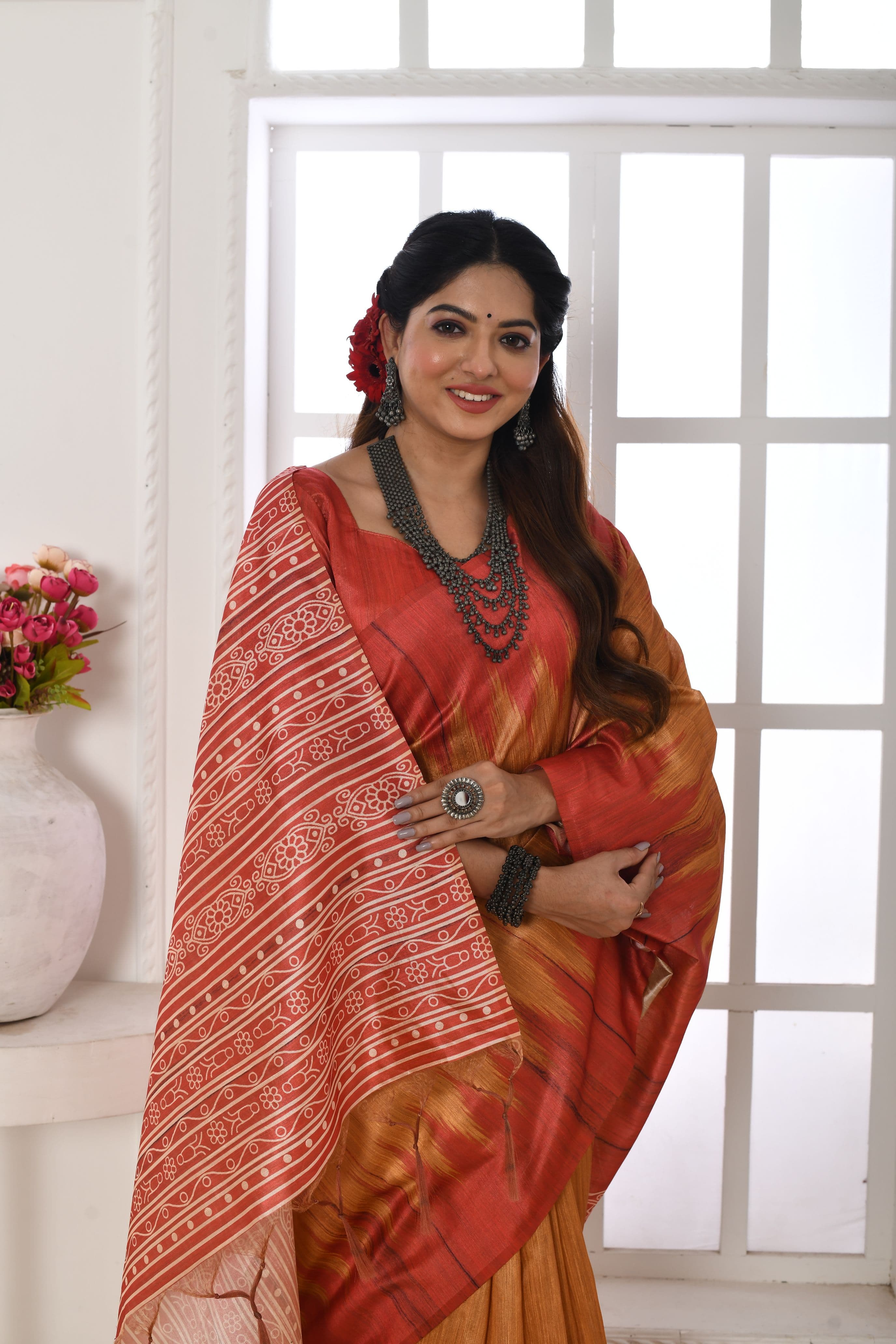 oft Tussar silk saree with printed temple border