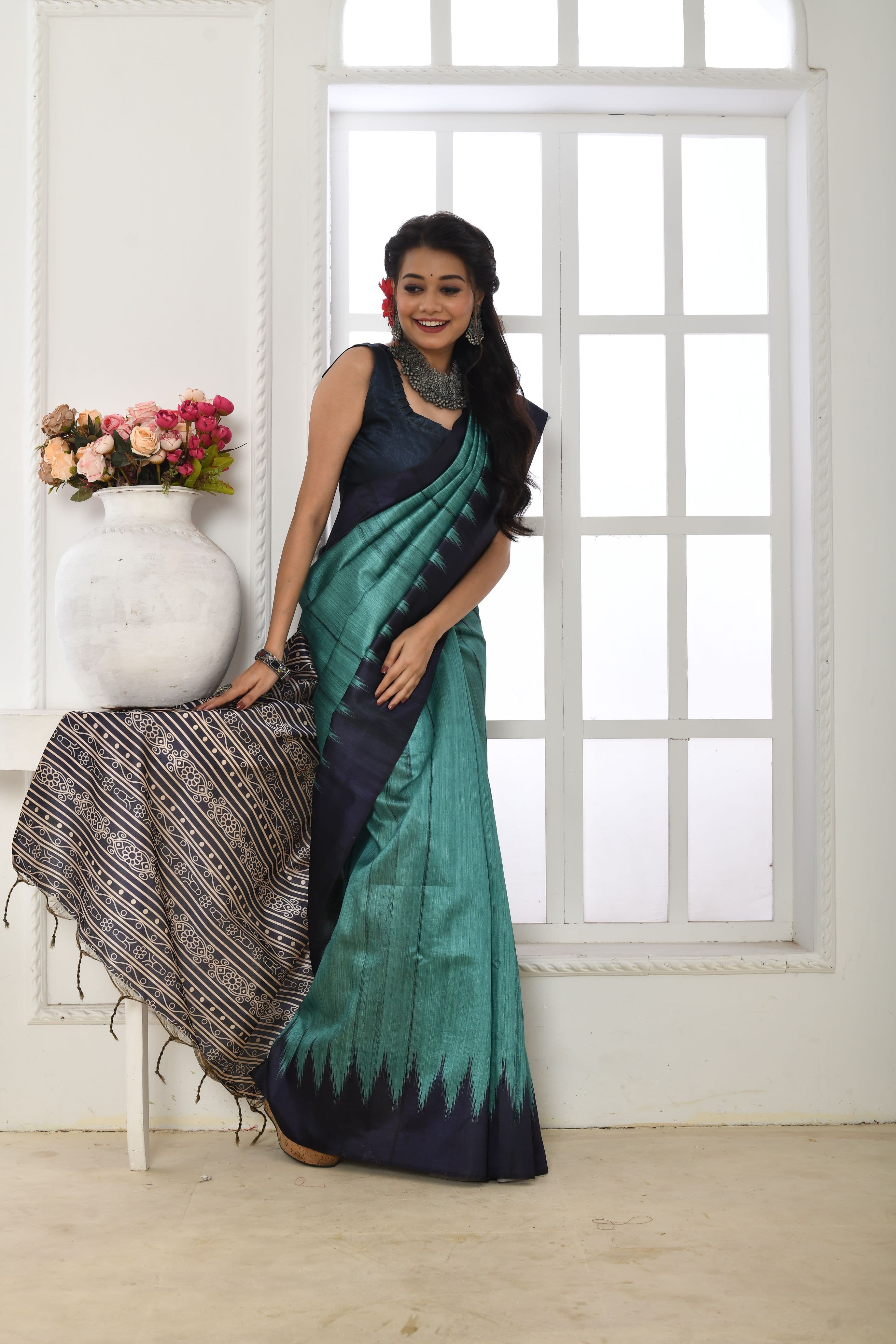 oft Tussar silk saree with printed temple border