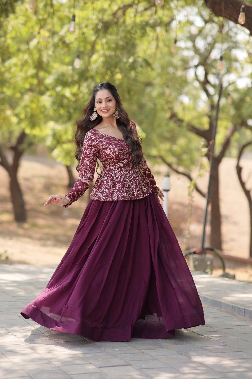 Explore This Trending Fashionable Co-ord  Set with Pure Viscose Dayble Flower Design & Sequins Embroidered work Blouse and Plain Lehenga Which looks Amazing for Any Functions.