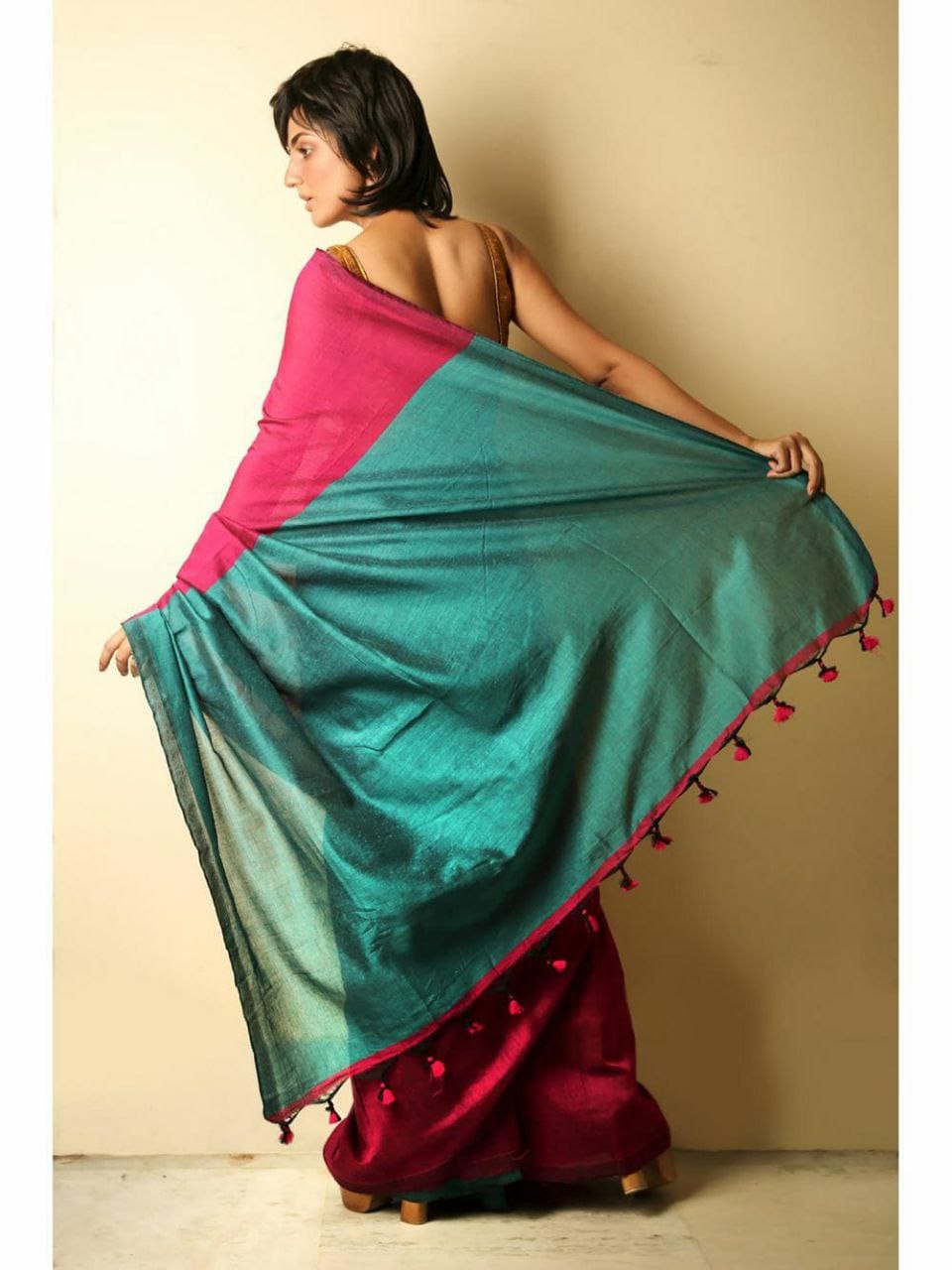 Saree khadi cotton  Pallu and blouse contras