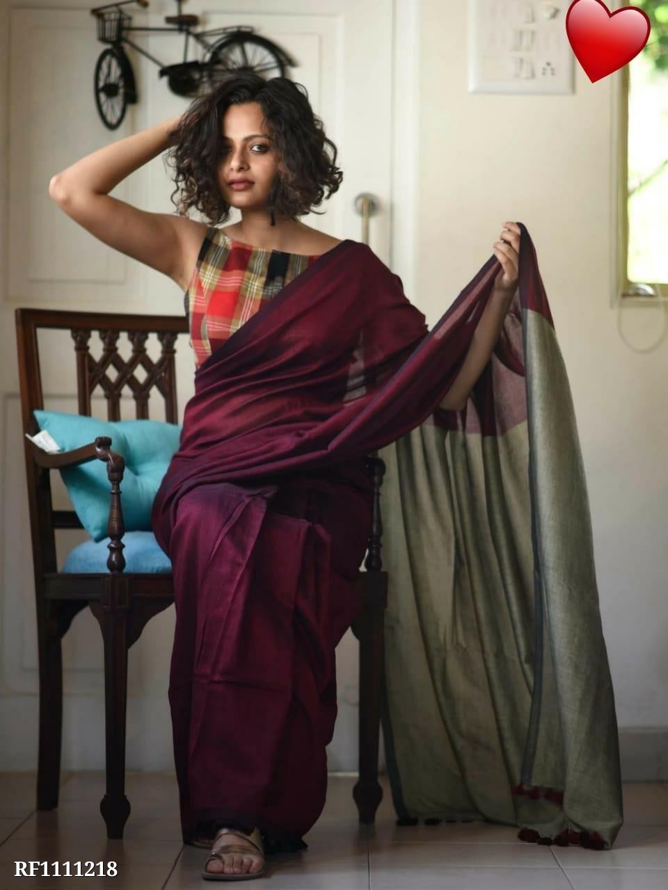 Saree khadi cotton  Pallu and blouse contras