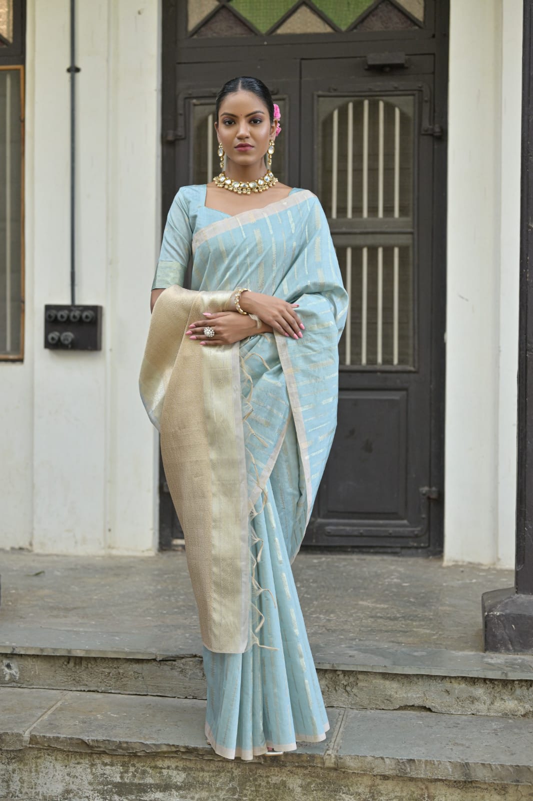 Saree khadi cotton  Pallu and blouse contras