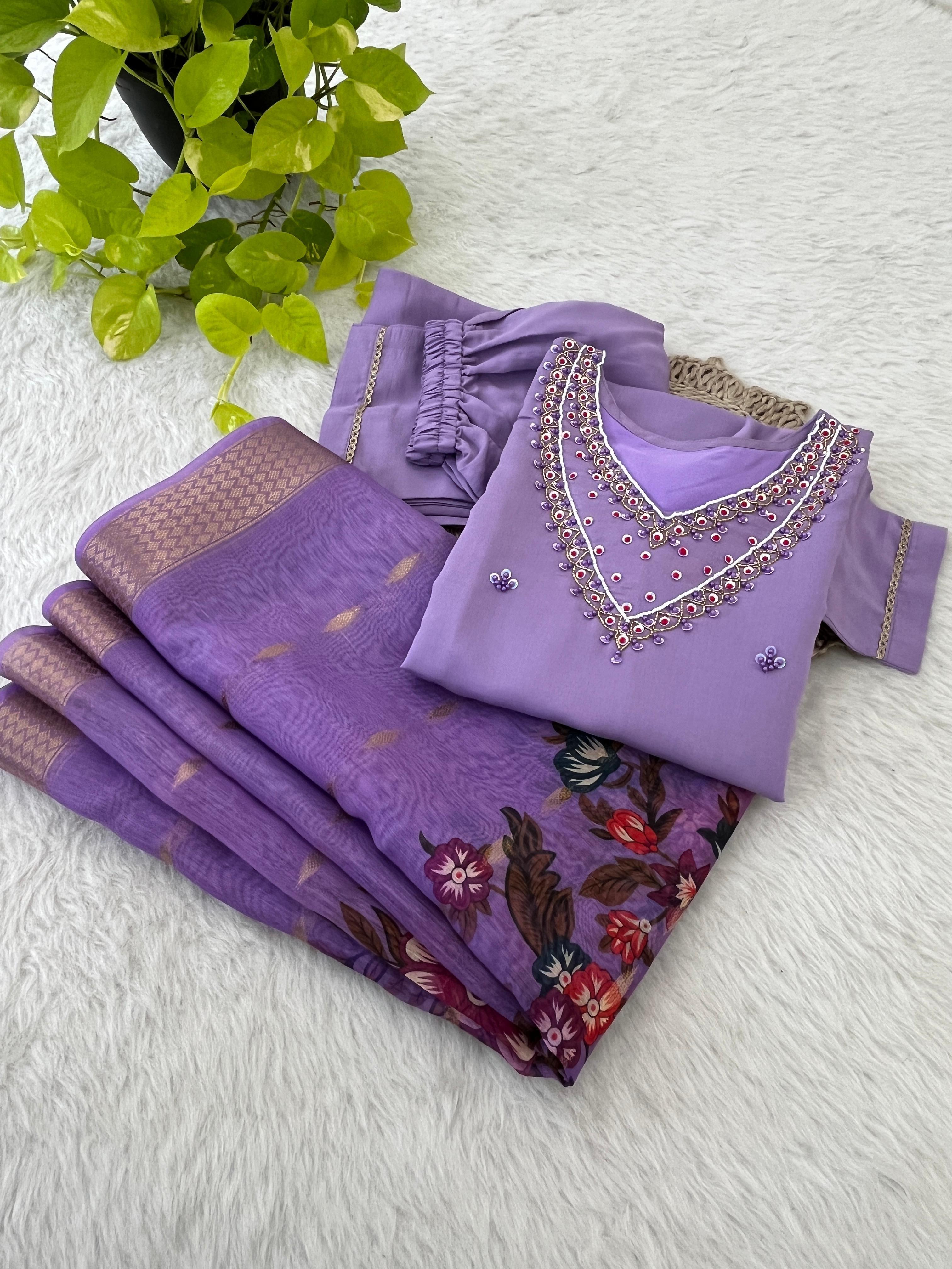 Kurti Premium Roman Silk Soft Fabric With Handwork Neck  3 pic Set