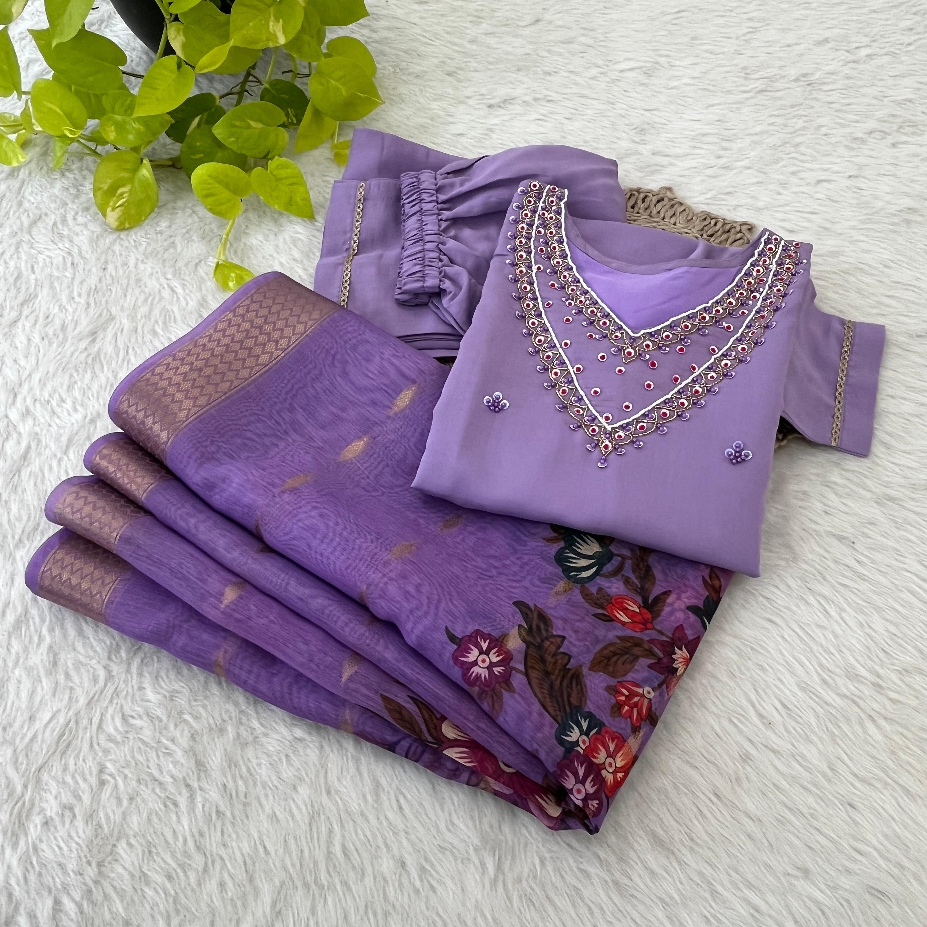 Kurti Premium Roman Silk Soft Fabric With Handwork Neck  3 pic Set