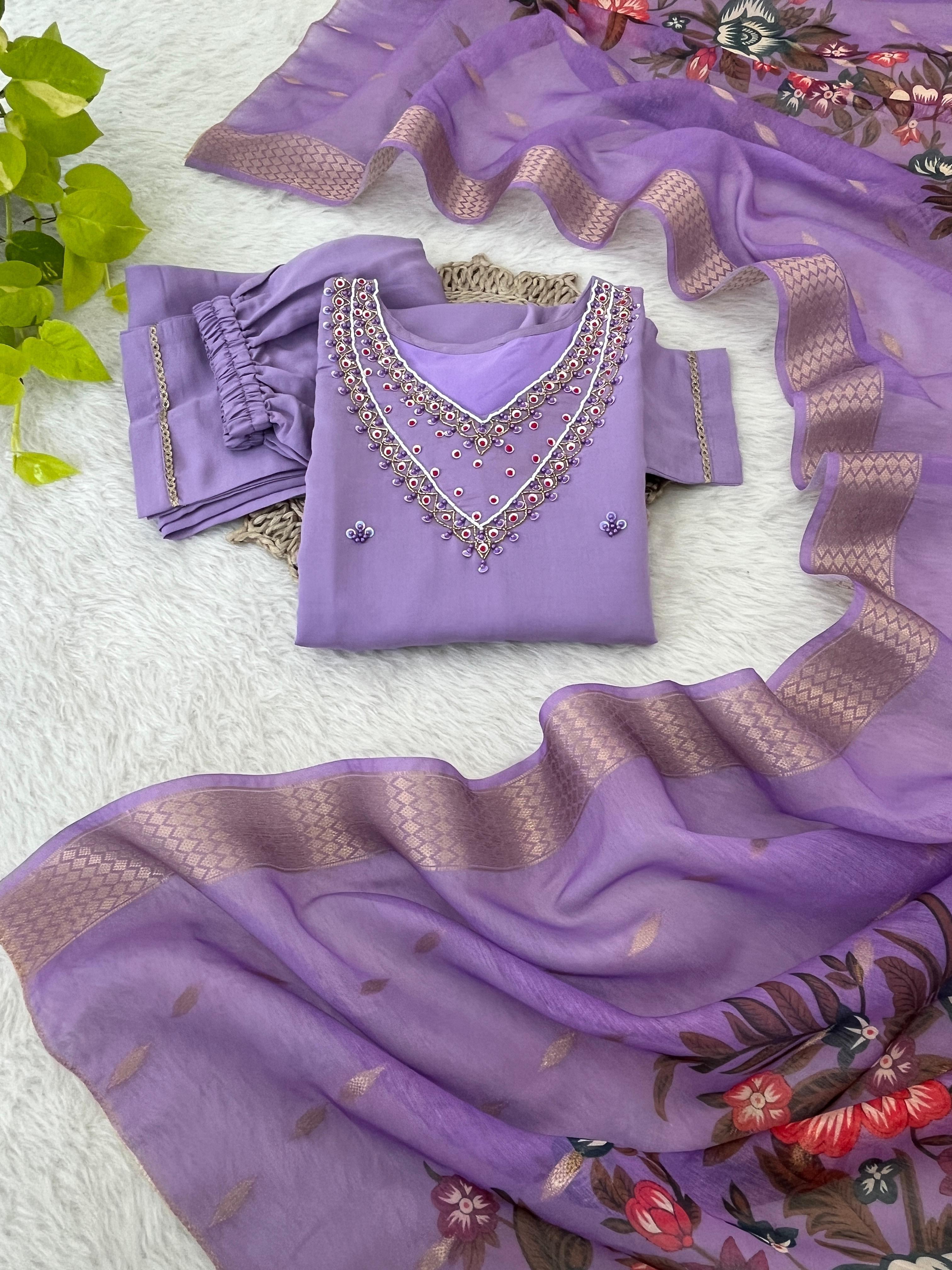 Kurti Premium Roman Silk Soft Fabric With Handwork Neck  3 pic Set