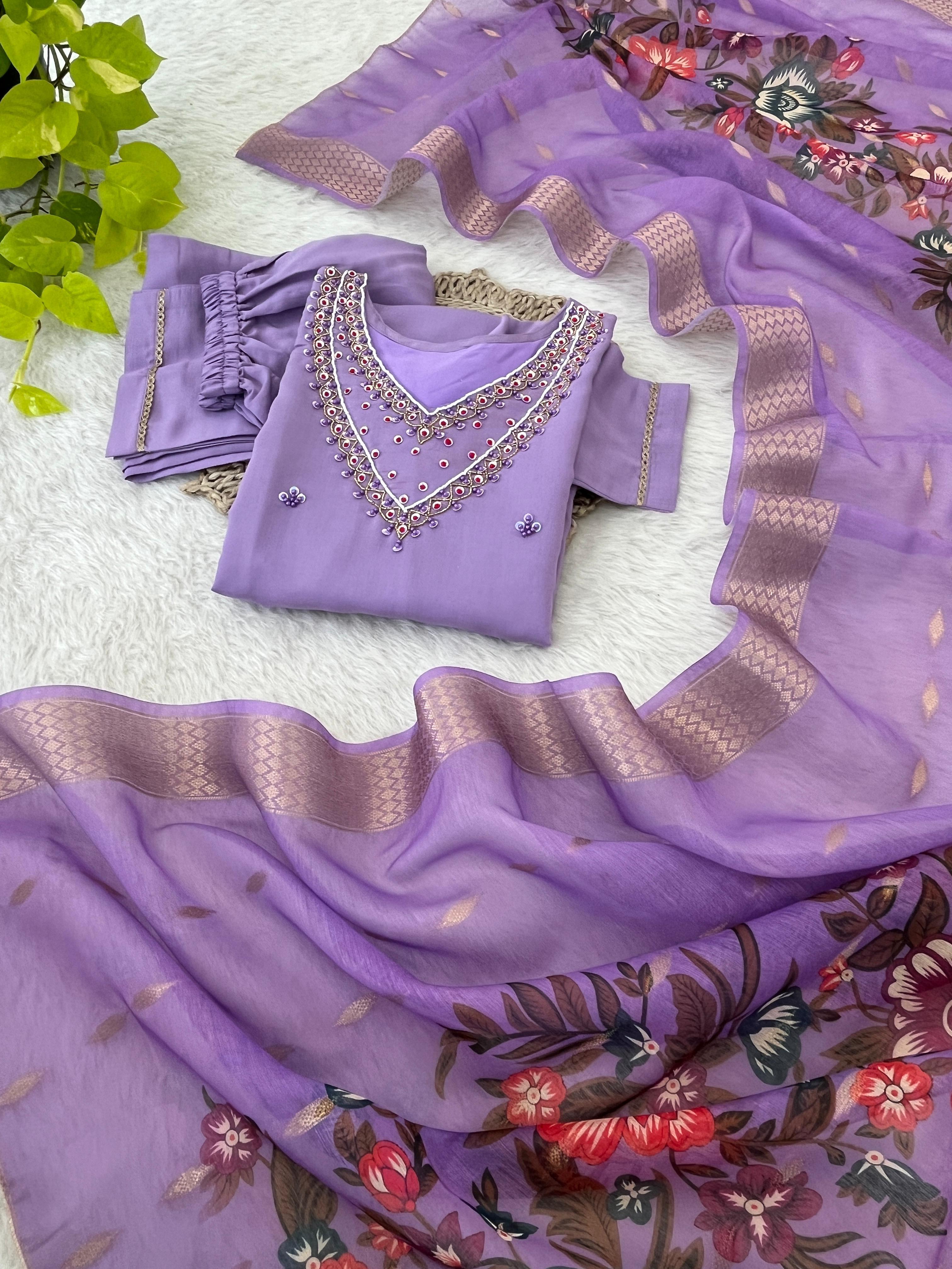 Kurti Premium Roman Silk Soft Fabric With Handwork Neck  3 pic Set