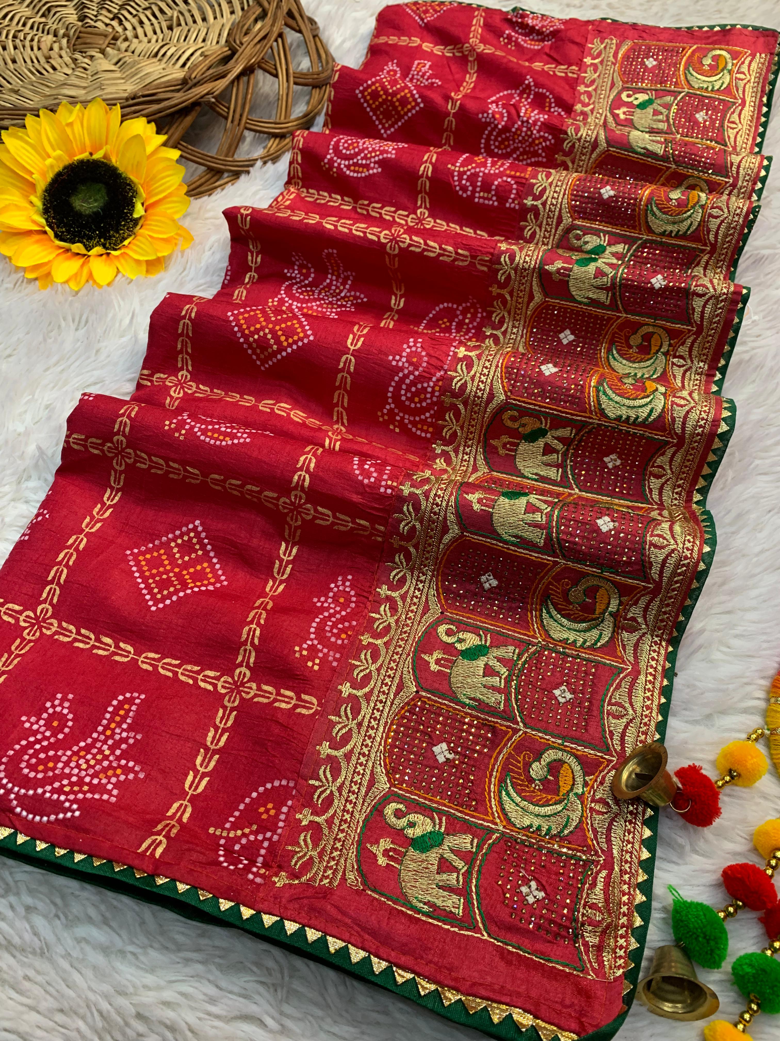 ART SILK DOLLY WORK BANDHEJ PANETER print SAREES*🌹