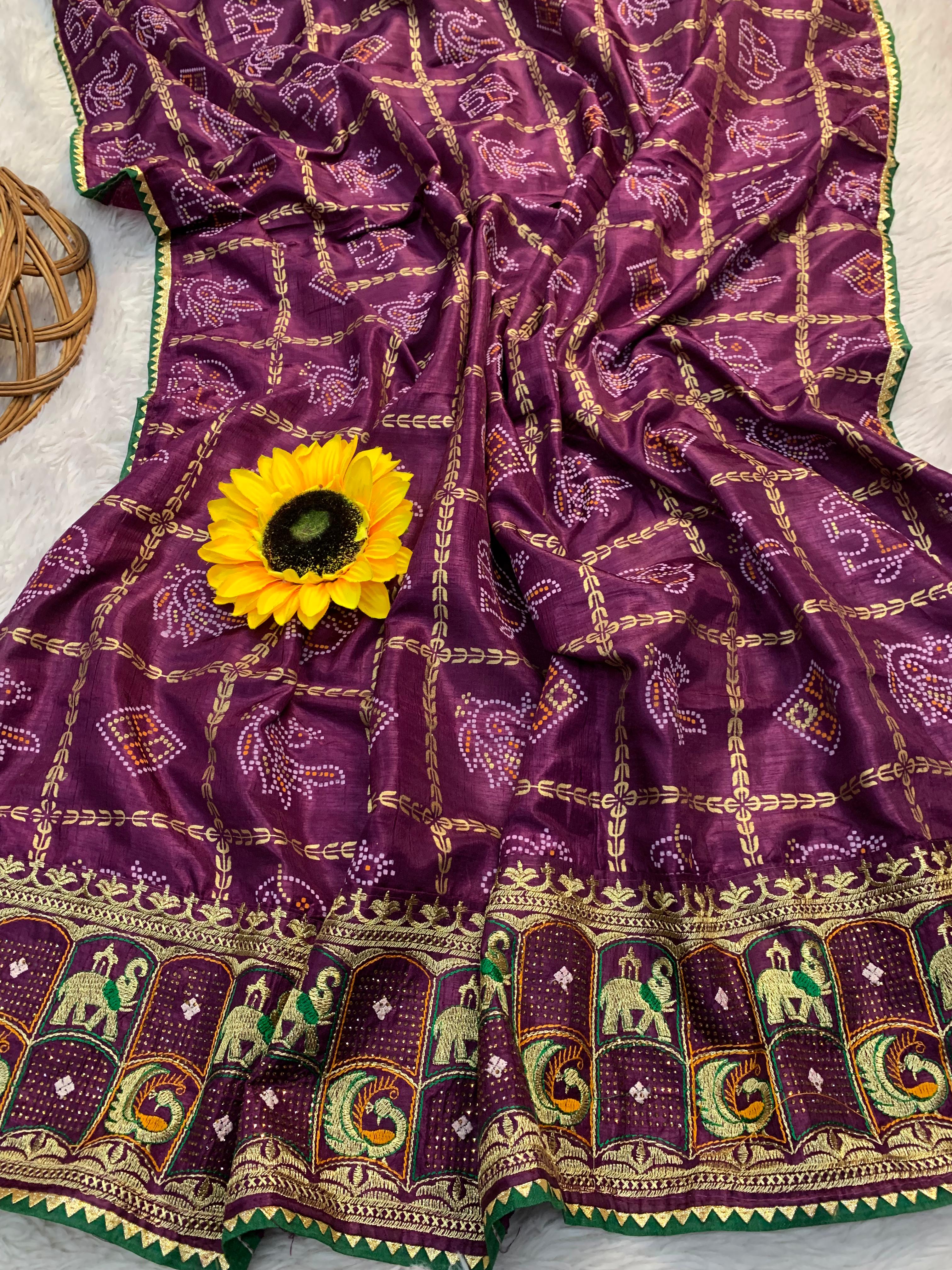 ART SILK DOLLY WORK BANDHEJ PANETER print SAREES*🌹