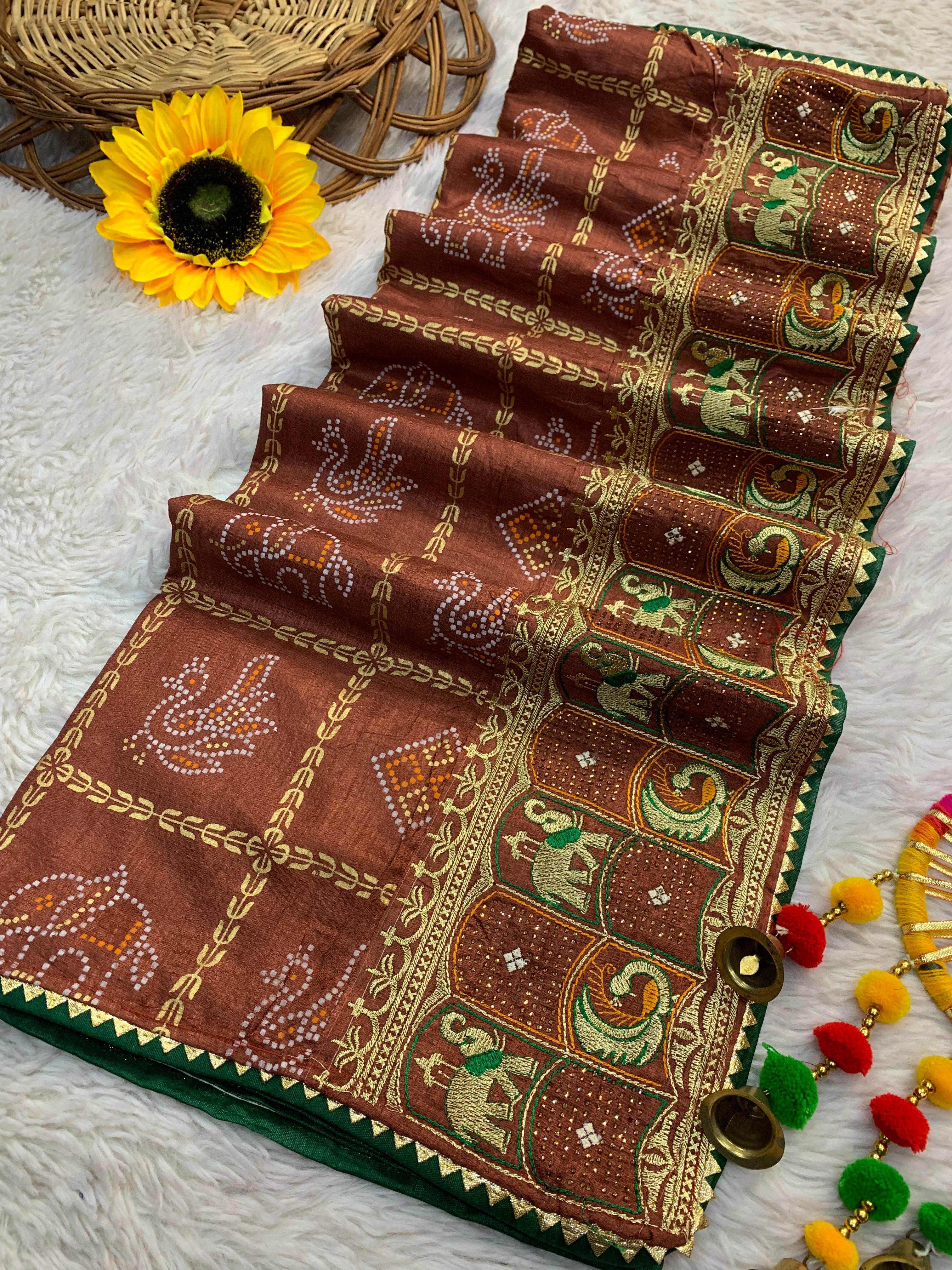 ART SILK DOLLY WORK BANDHEJ PANETER print SAREES*🌹