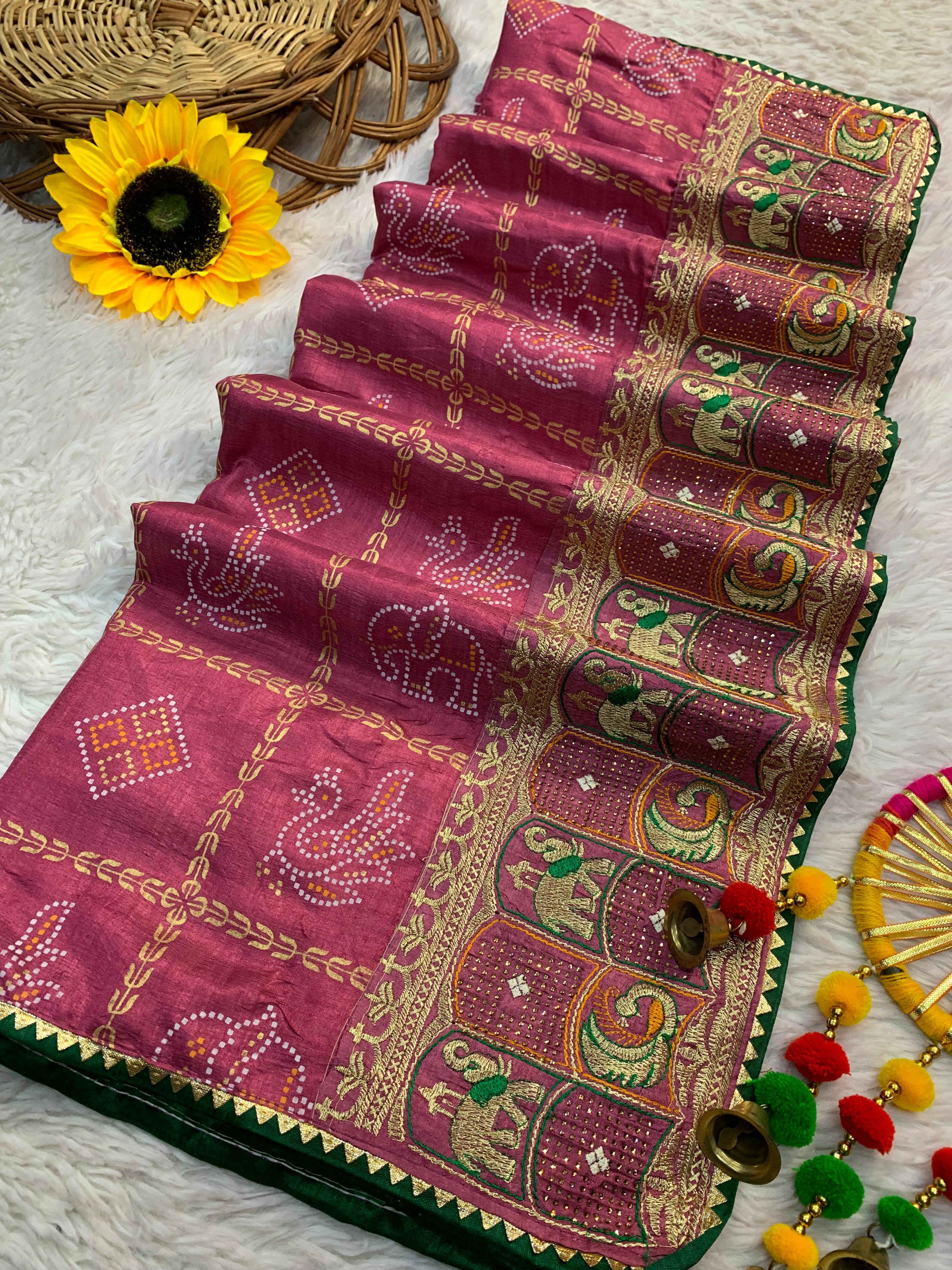ART SILK DOLLY WORK BANDHEJ PANETER print SAREES*🌹