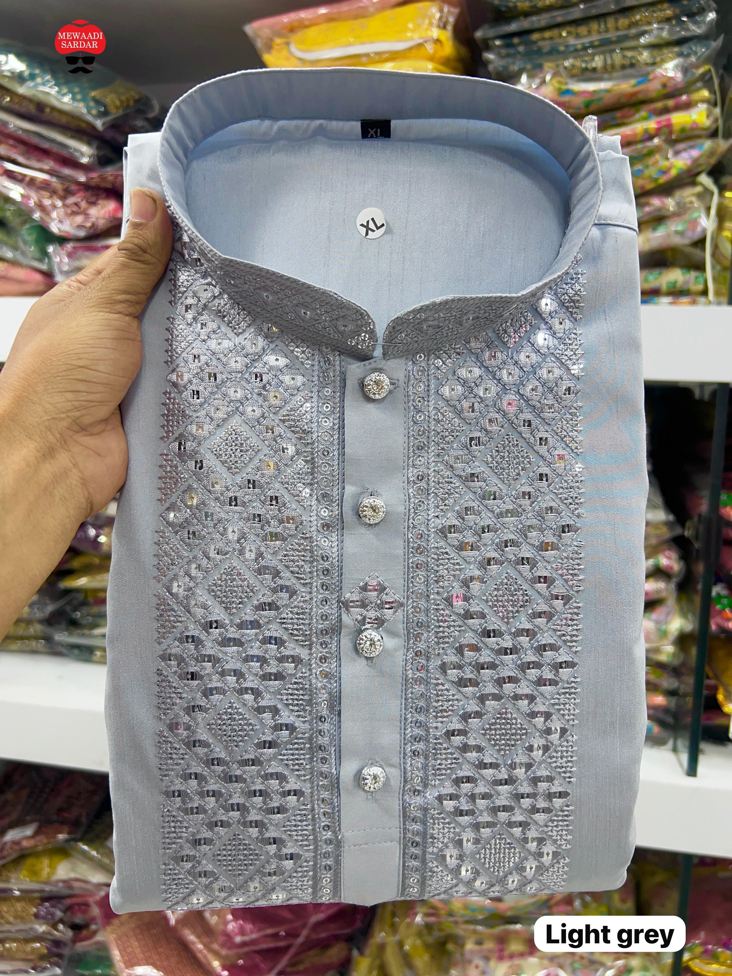Premium Silk  With Embroidery Work  Both Side Pocket and Fancy Button MEN'S KURTA