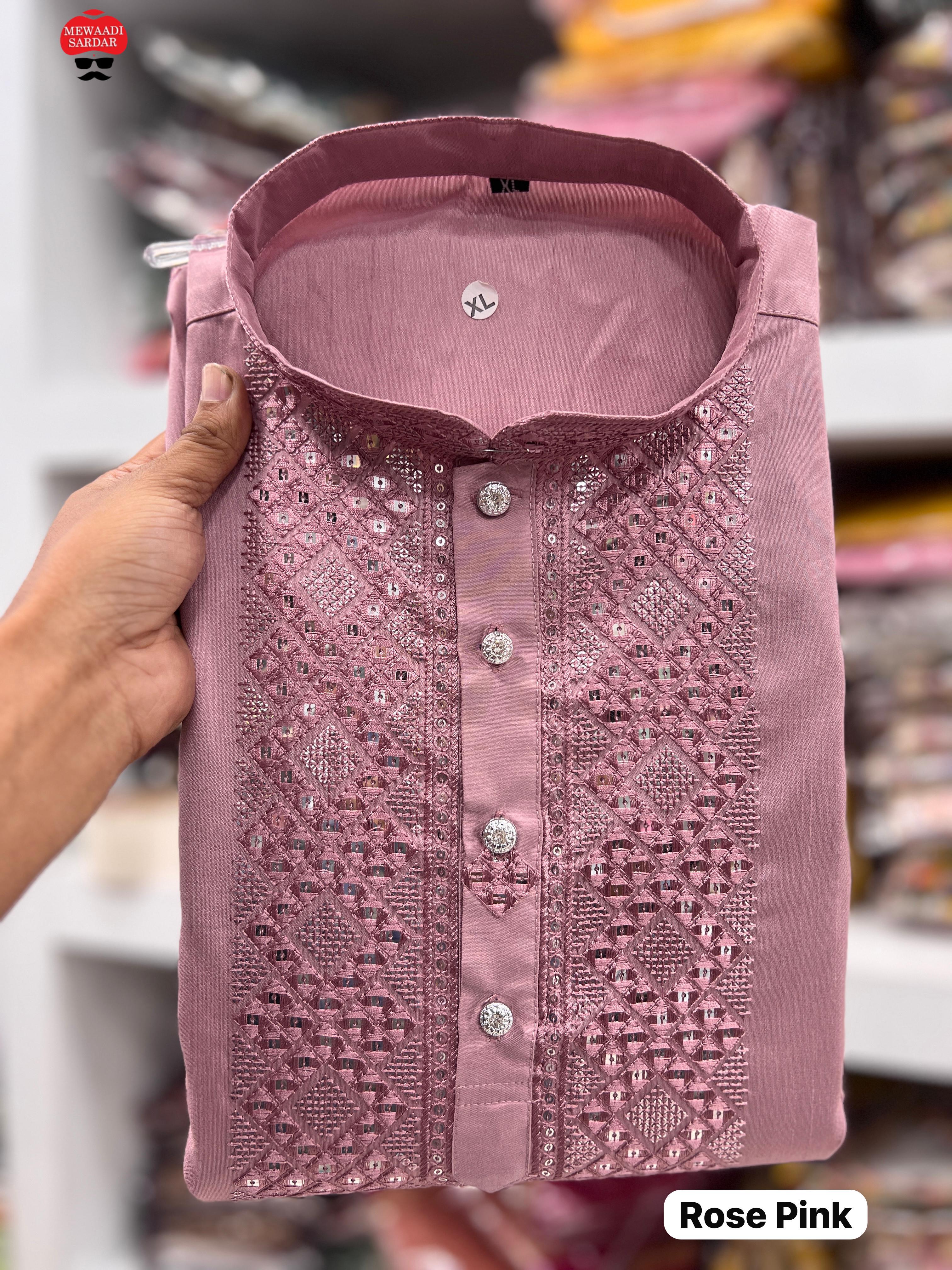 Premium Silk  With Embroidery Work  Both Side Pocket and Fancy Button MEN'S KURTA