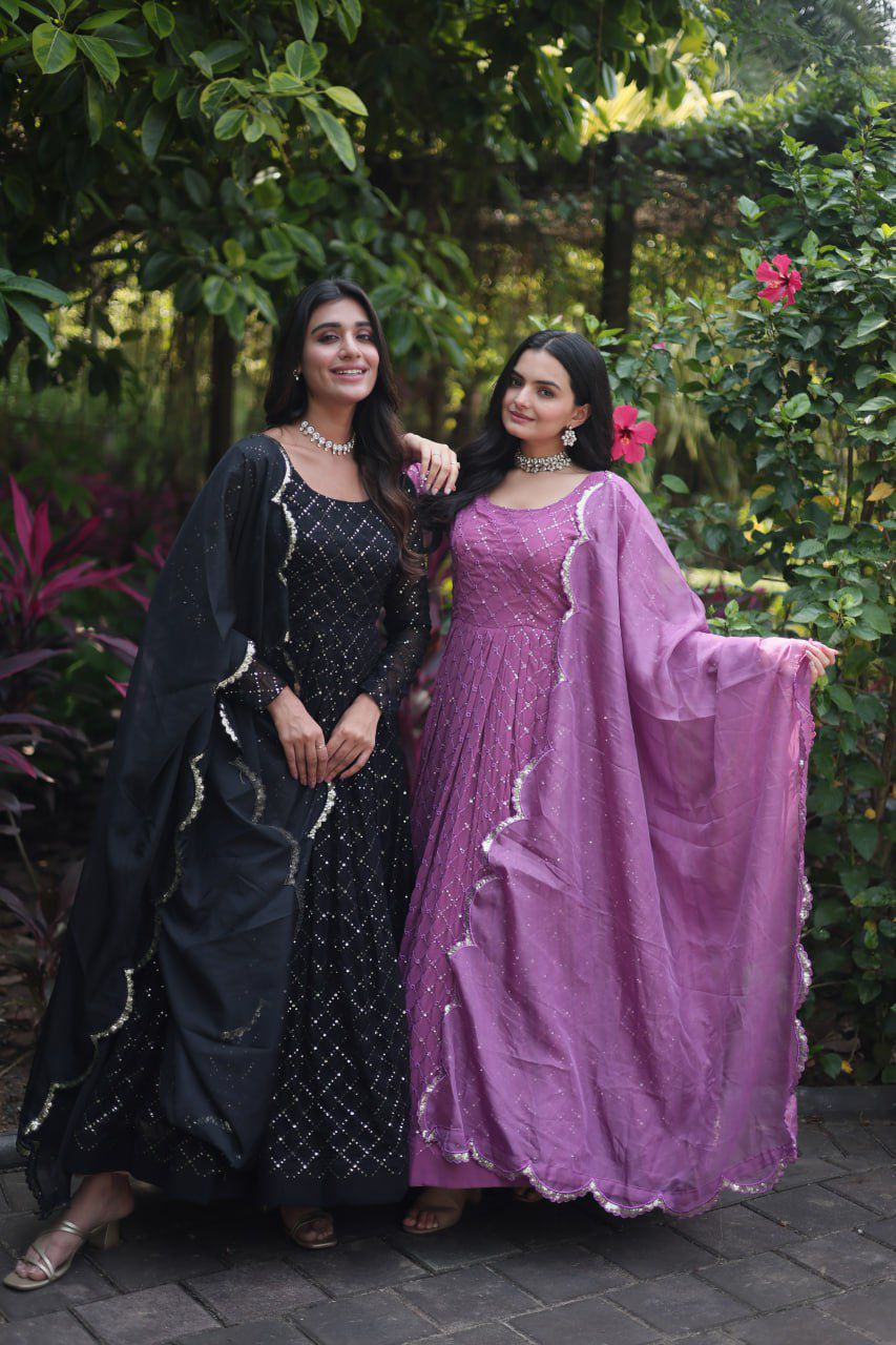 Faux Georgette gown with Sequins-Multi Viscose thread Embroidered Work