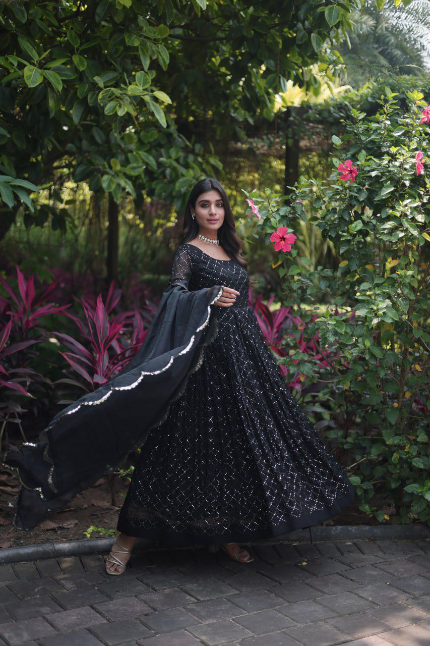 Faux Georgette gown with Sequins-Multi Viscose thread Embroidered Work