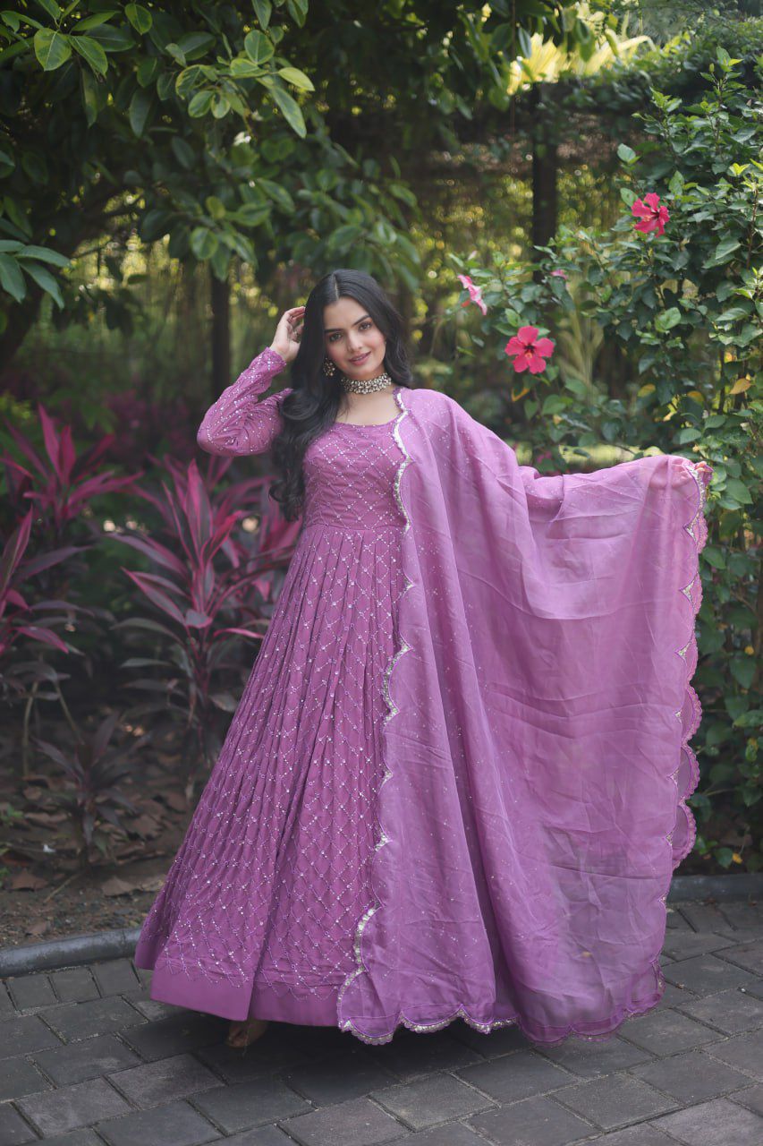 Faux Georgette gown with Sequins-Multi Viscose thread Embroidered Work