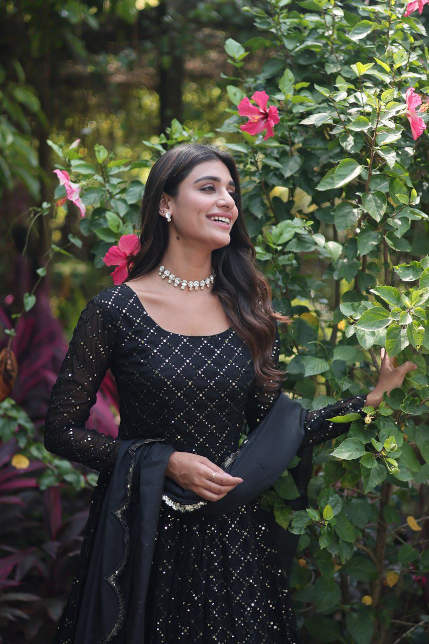 Faux Georgette gown with Sequins-Multi Viscose thread Embroidered Work