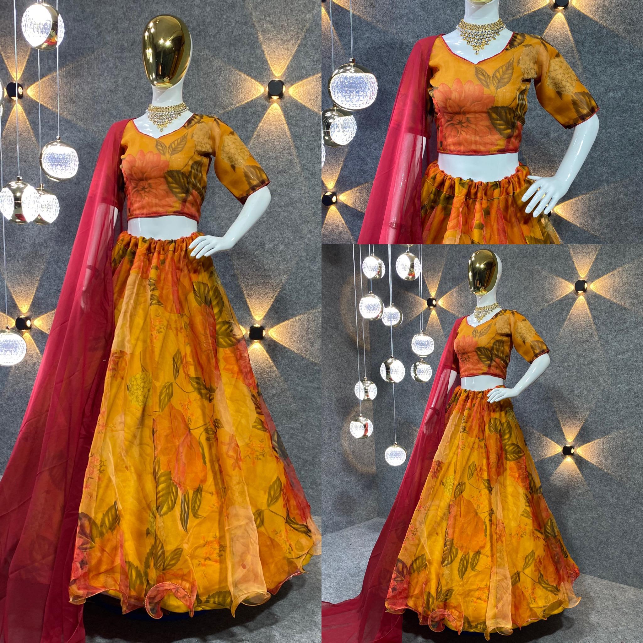 Yellow Color  Digital Print Attractive Party Wear Organza Lehenga choli