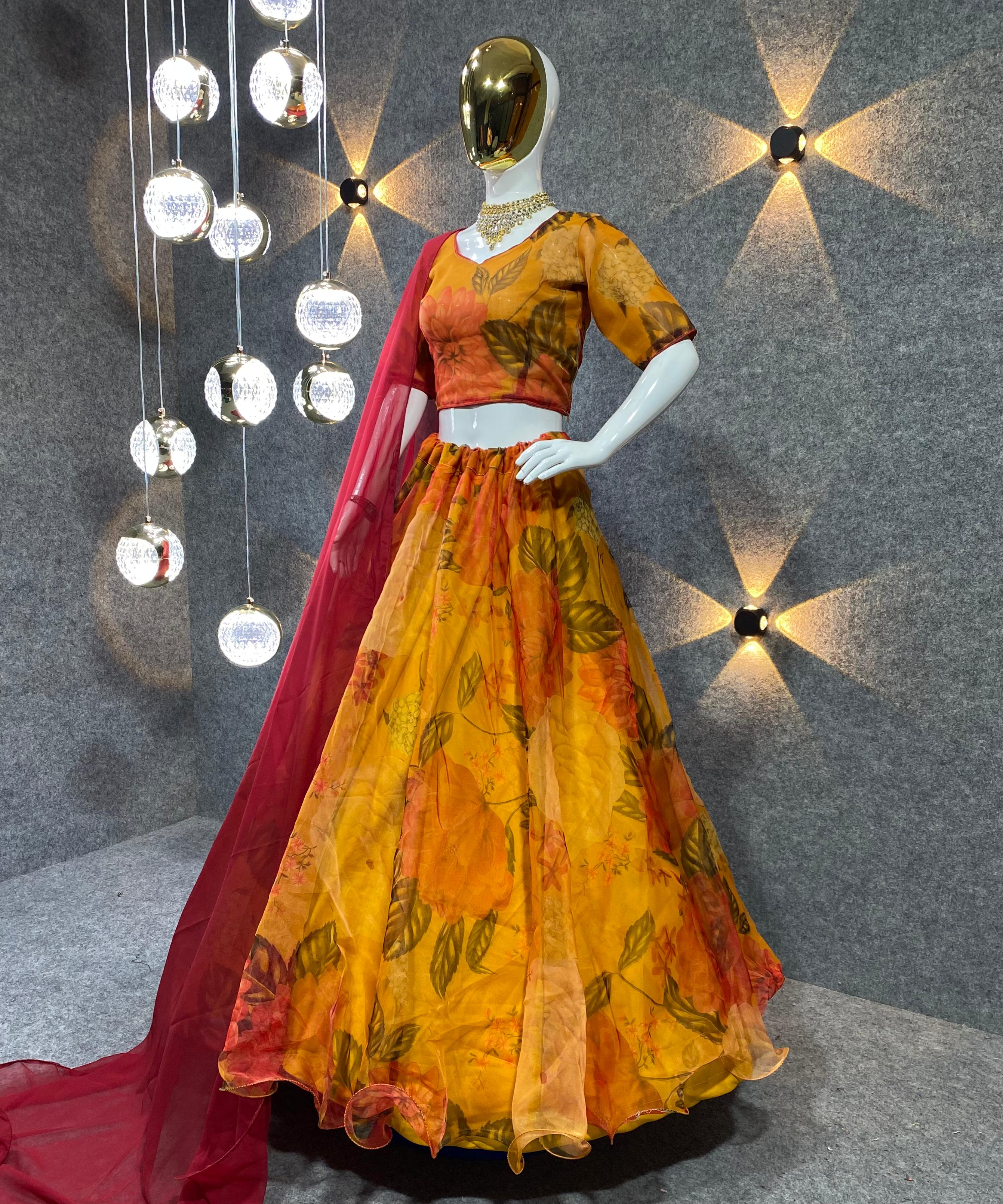 Yellow Color  Digital Print Attractive Party Wear Organza Lehenga choli