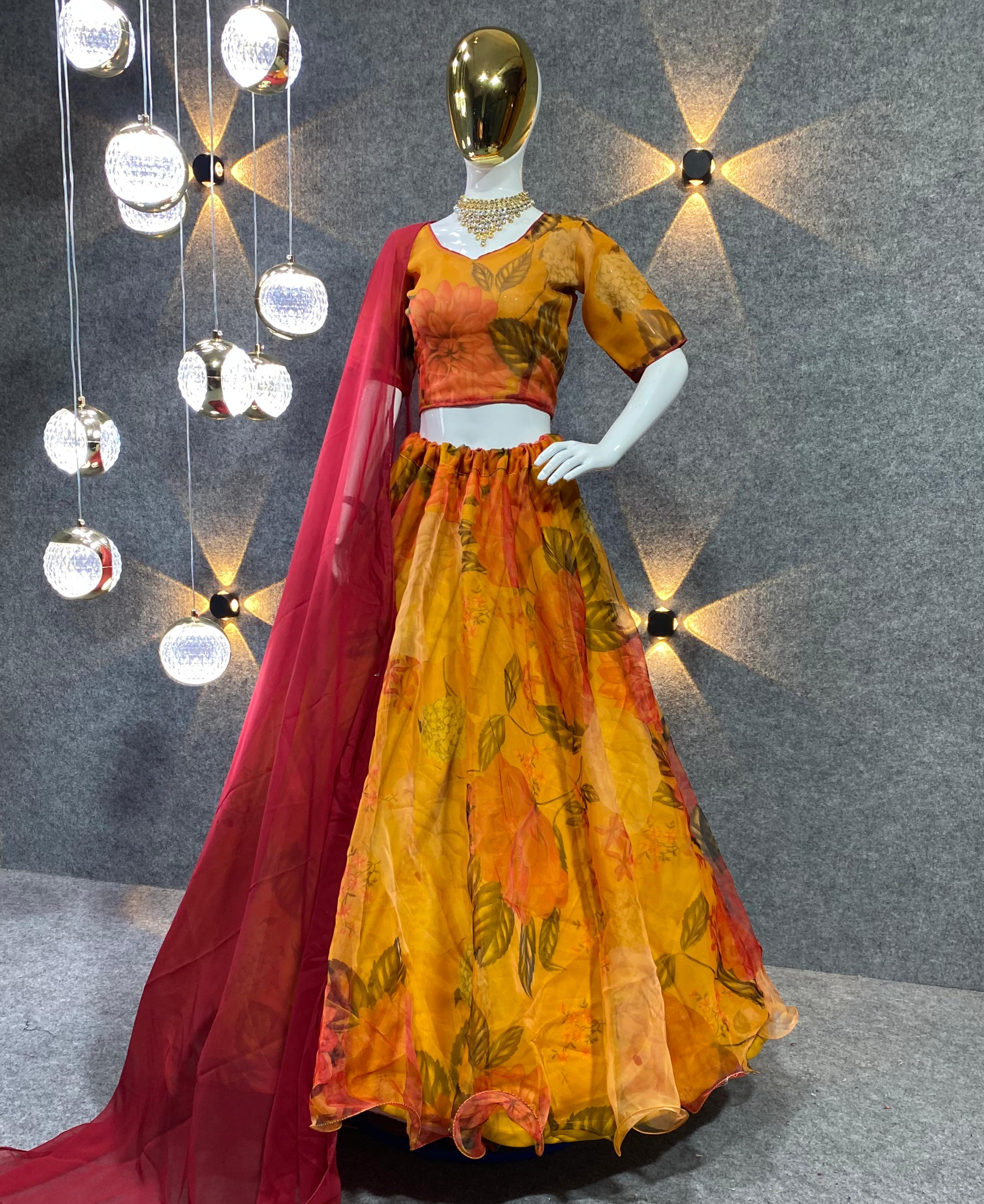 Yellow Color  Digital Print Attractive Party Wear Organza Lehenga choli
