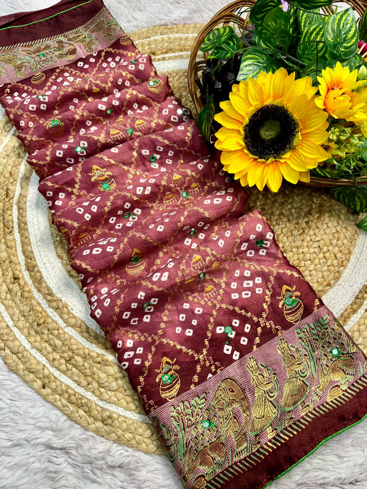 Beautiful premium quality chiffon bandhini sarees with all over bandhini print along with foil mirror cut work border  Contrast pallu
