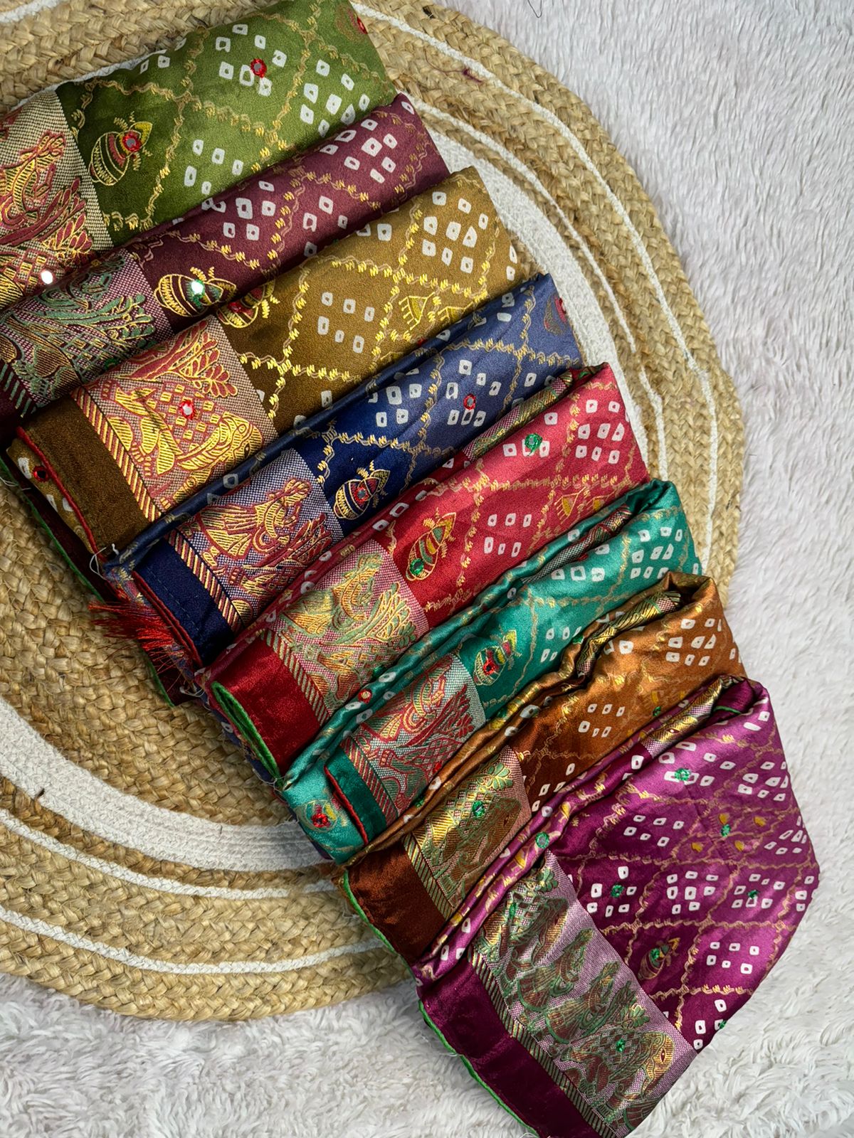 Beautiful premium quality chiffon bandhini sarees with all over bandhini print along with foil mirror cut work border  Contrast pallu