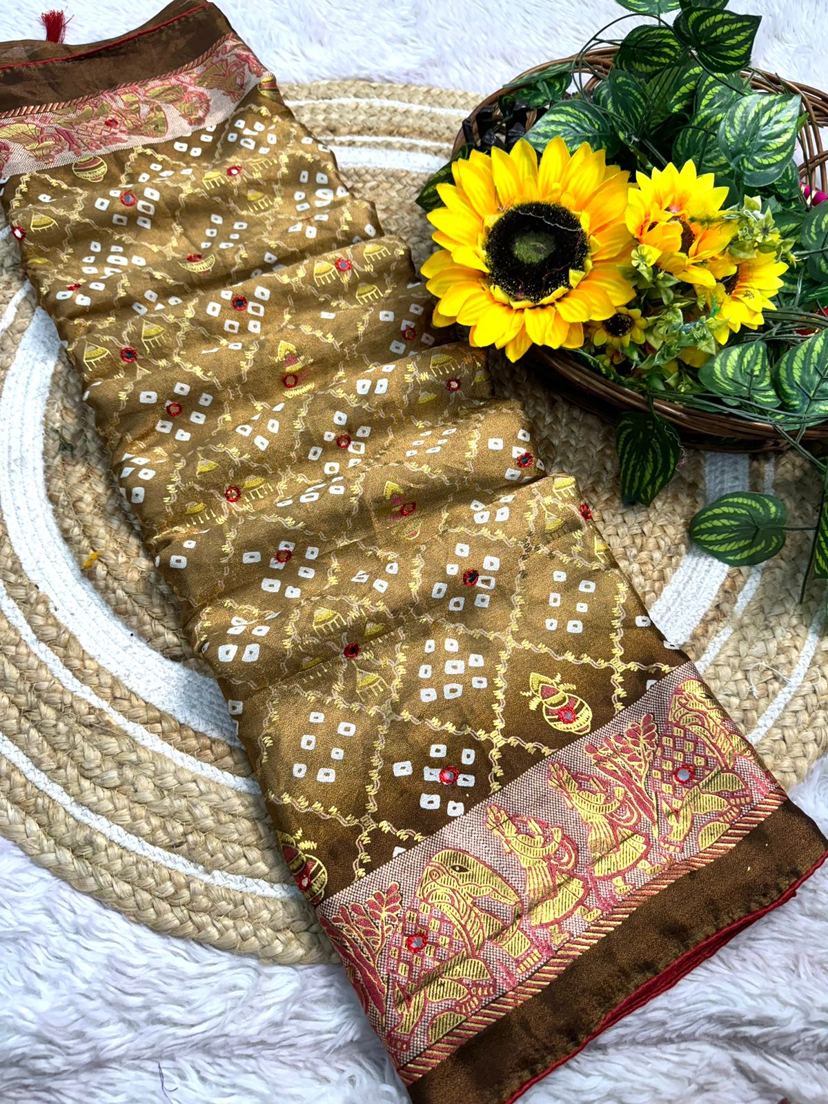 Beautiful premium quality chiffon bandhini sarees with all over bandhini print along with foil mirror cut work border  Contrast pallu