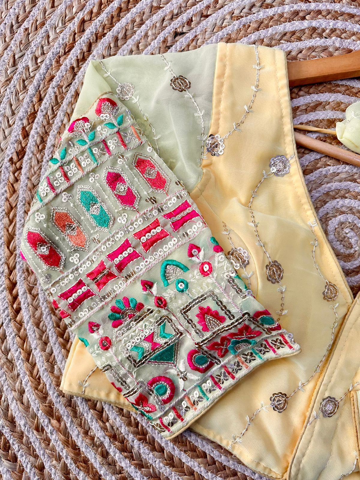 Beautiful sequence work with tone to tone thread all over blouse