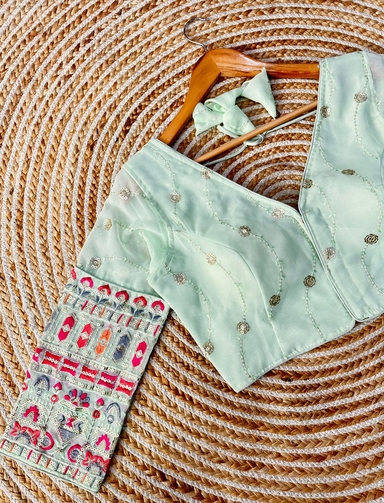 Beautiful sequence work with tone to tone thread all over blouse