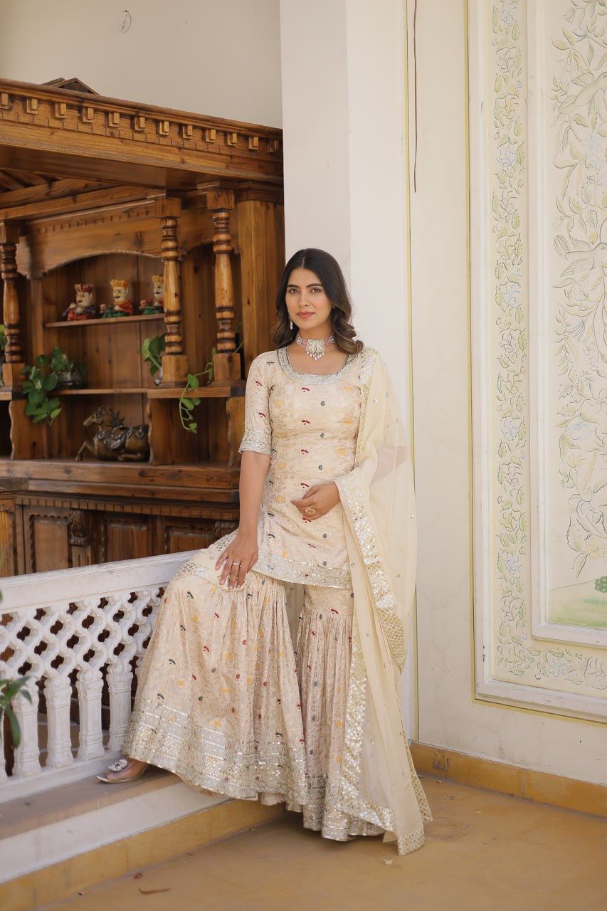 Viscose Jacquerd Sequins & zari Embroidered work  DESIGNER READYMADE TOP-GHARARA-DUPATTA 