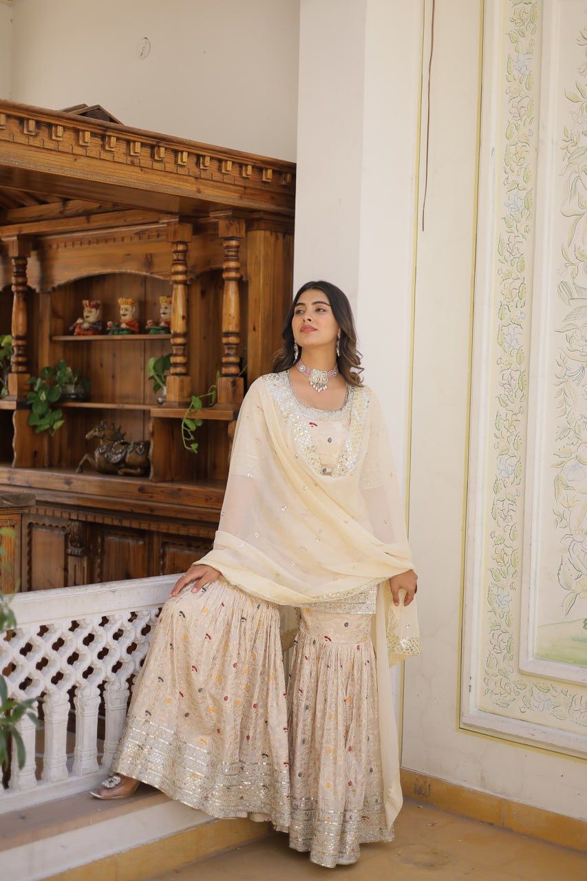 Viscose Jacquerd Sequins & zari Embroidered work  DESIGNER READYMADE TOP-GHARARA-DUPATTA 