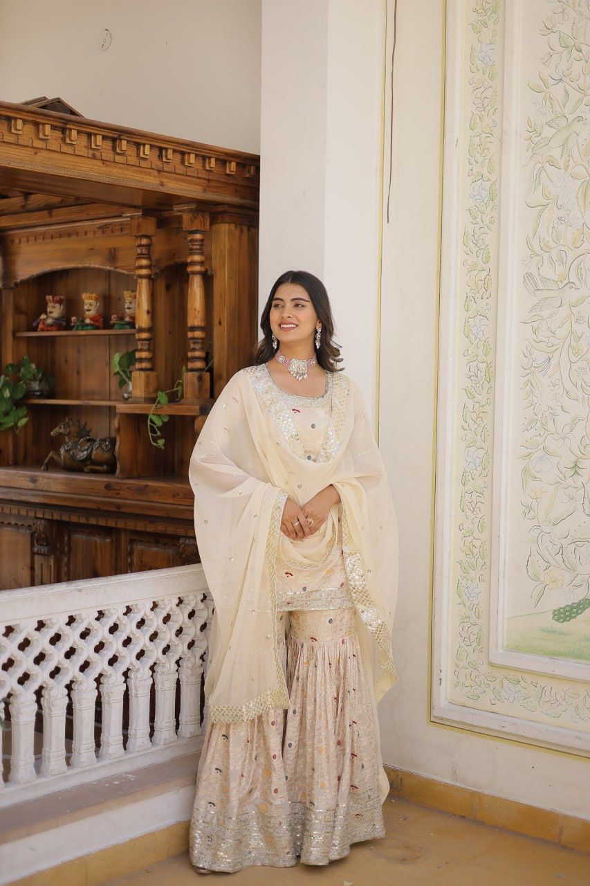 Viscose Jacquerd Sequins & zari Embroidered work  DESIGNER READYMADE TOP-GHARARA-DUPATTA 