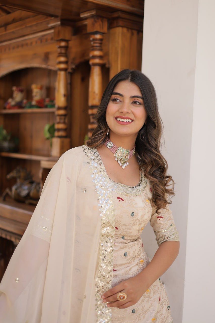 Viscose Jacquerd Sequins & zari Embroidered work  DESIGNER READYMADE TOP-GHARARA-DUPATTA 