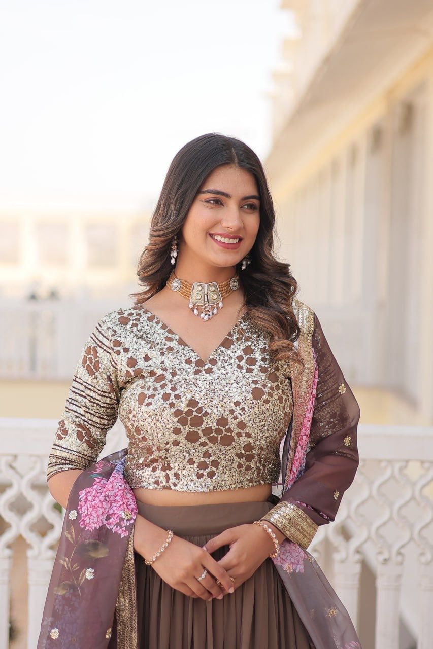 Desirable Women's Fully Flaired Lehenga Made With Faux Georgette Fabrics With sequins Embroidered Blouse and Designer Embroidered Digital Printed Dupatta 💃🏻