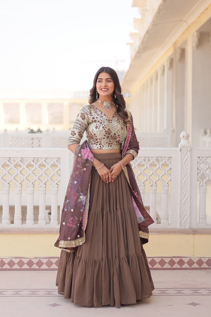 Desirable Women's Fully Flaired Lehenga Made With Faux Georgette Fabrics With sequins Embroidered Blouse and Designer Embroidered Digital Printed Dupatta 💃🏻
