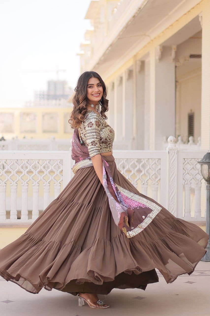 Desirable Women's Fully Flaired Lehenga Made With Faux Georgette Fabrics With sequins Embroidered Blouse and Designer Embroidered Digital Printed Dupatta 💃🏻