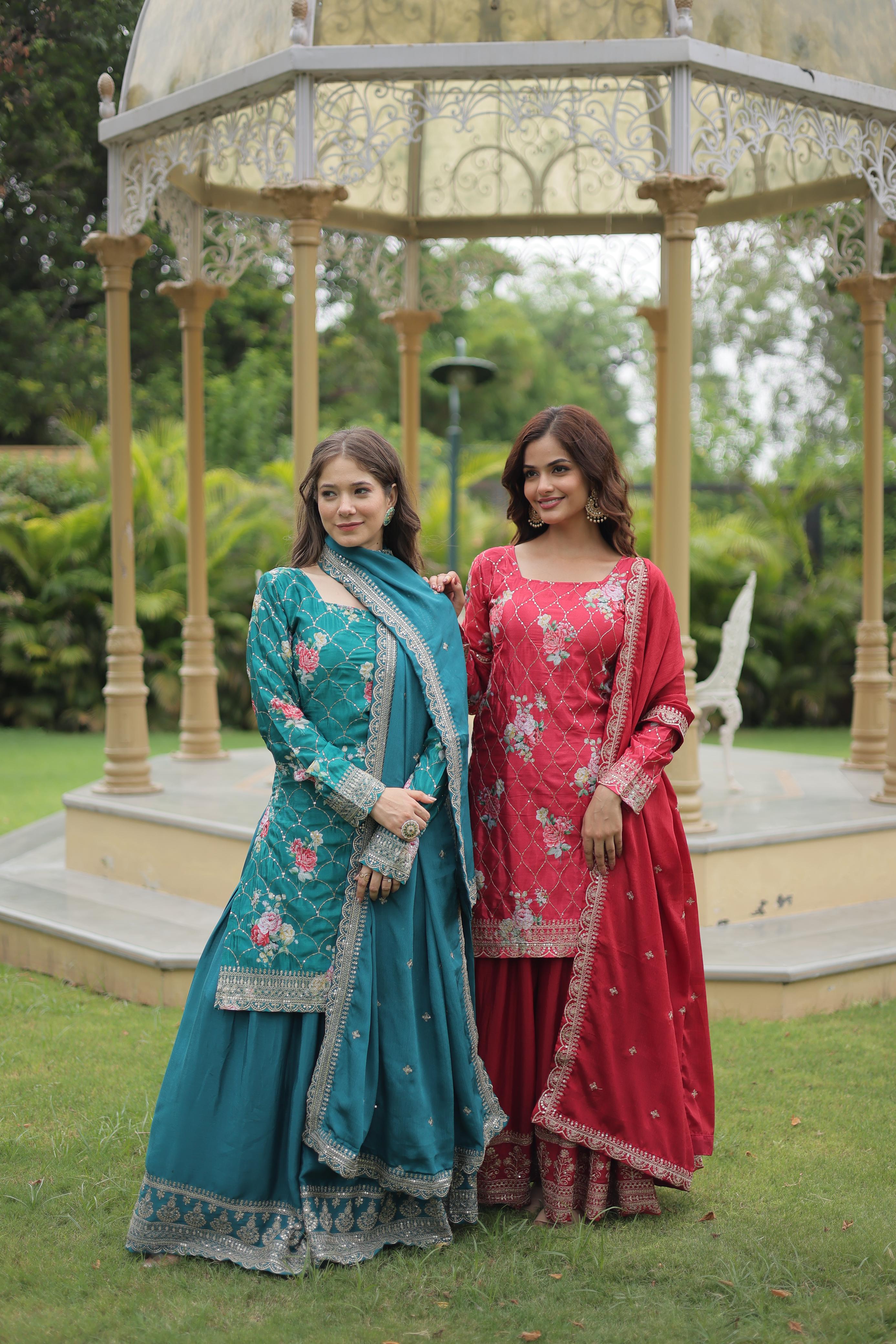 Chinnon  with Sequins Embroidered Work  KURTI-PLAZOO-DUPATTA COLLECTIONS