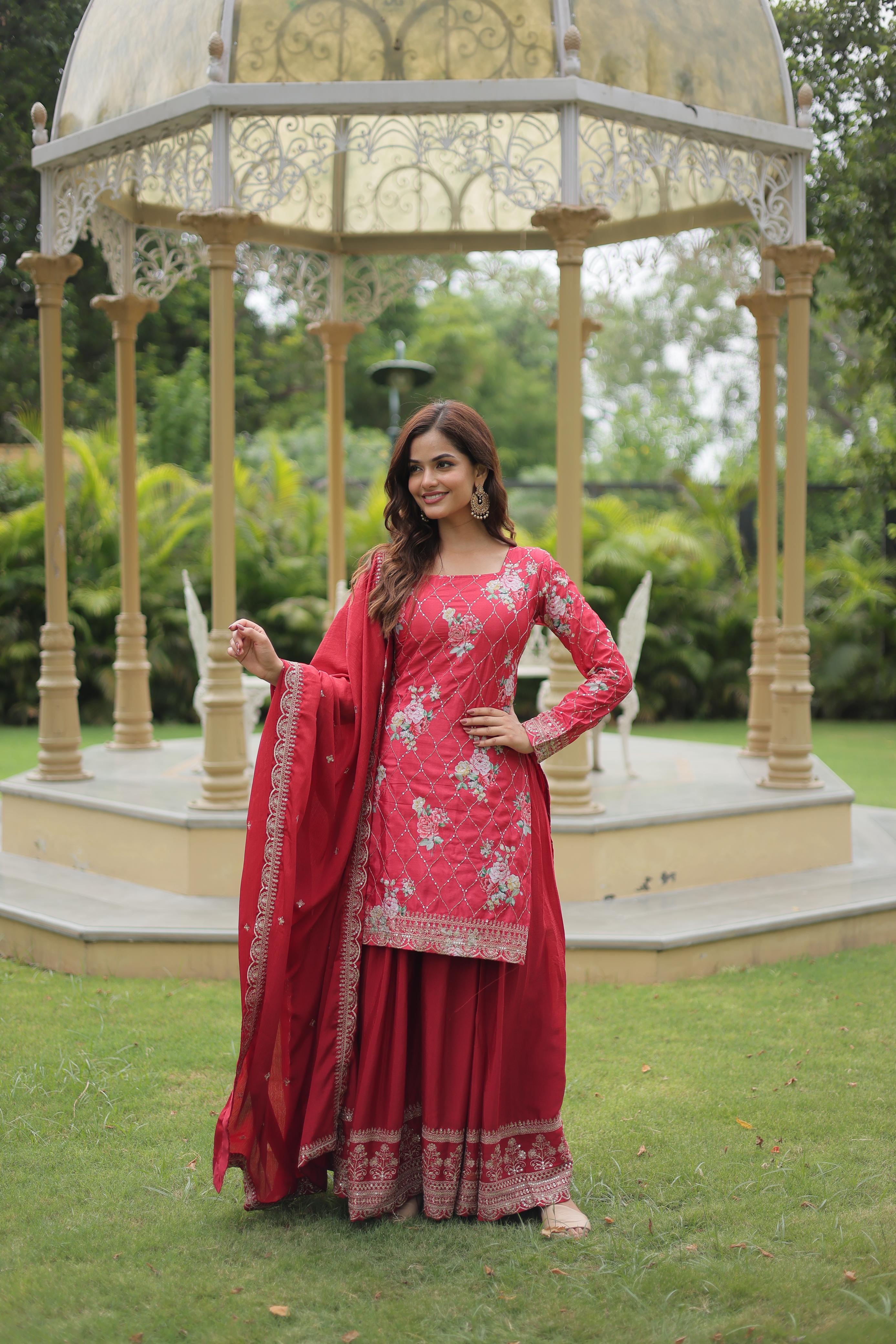 Chinnon  with Sequins Embroidered Work  KURTI-PLAZOO-DUPATTA COLLECTIONS
