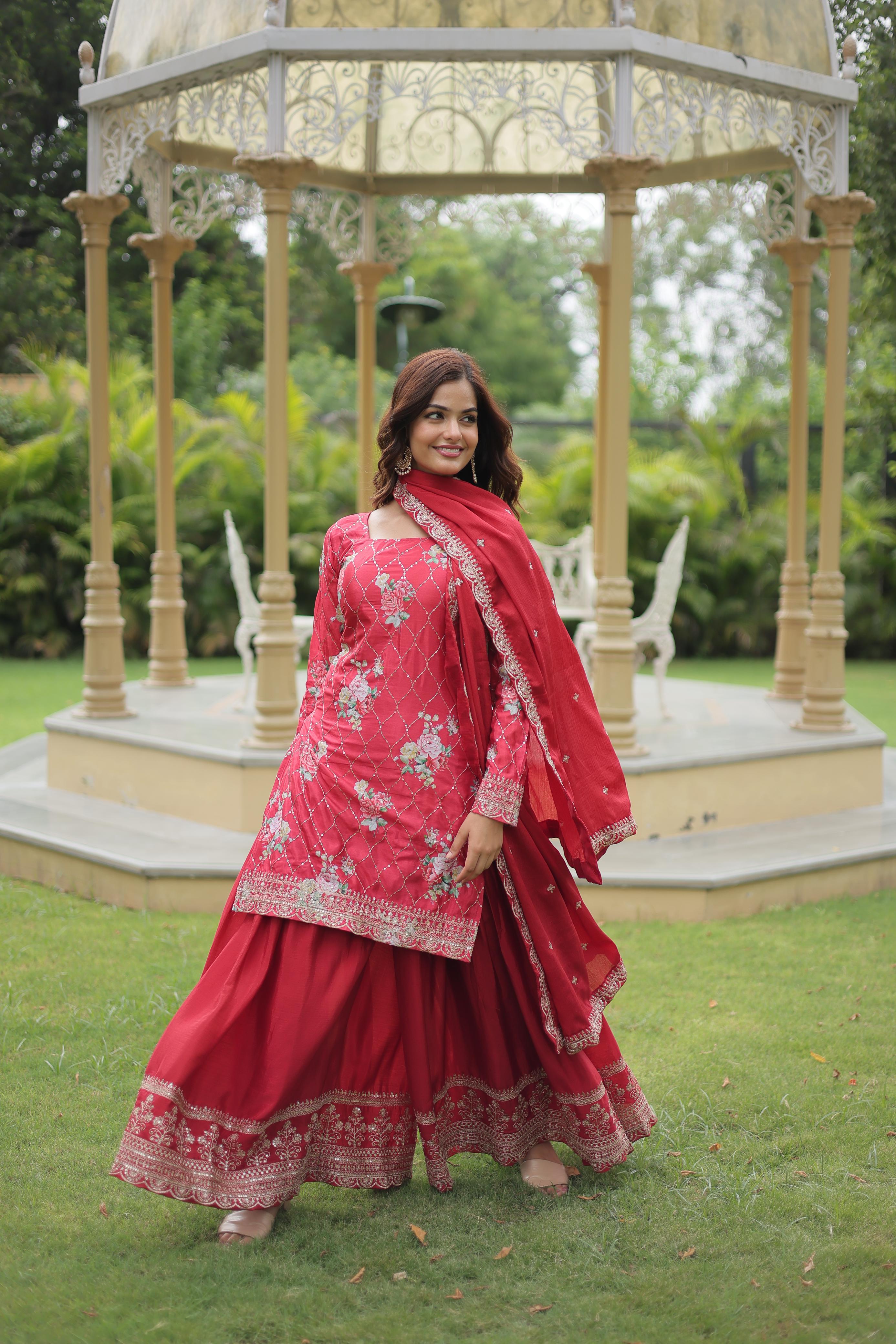 Chinnon  with Sequins Embroidered Work  KURTI-PLAZOO-DUPATTA COLLECTIONS
