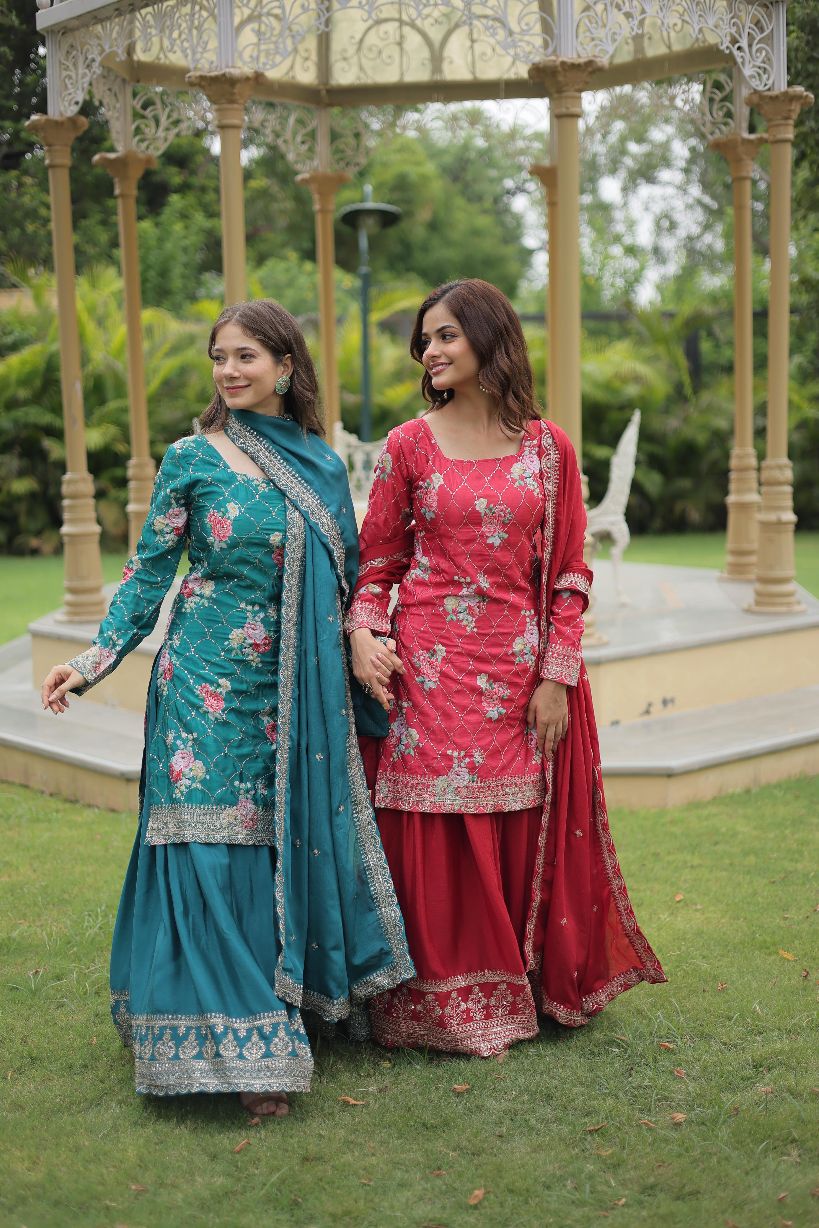 Chinnon  with Sequins Embroidered Work  KURTI-PLAZOO-DUPATTA COLLECTIONS