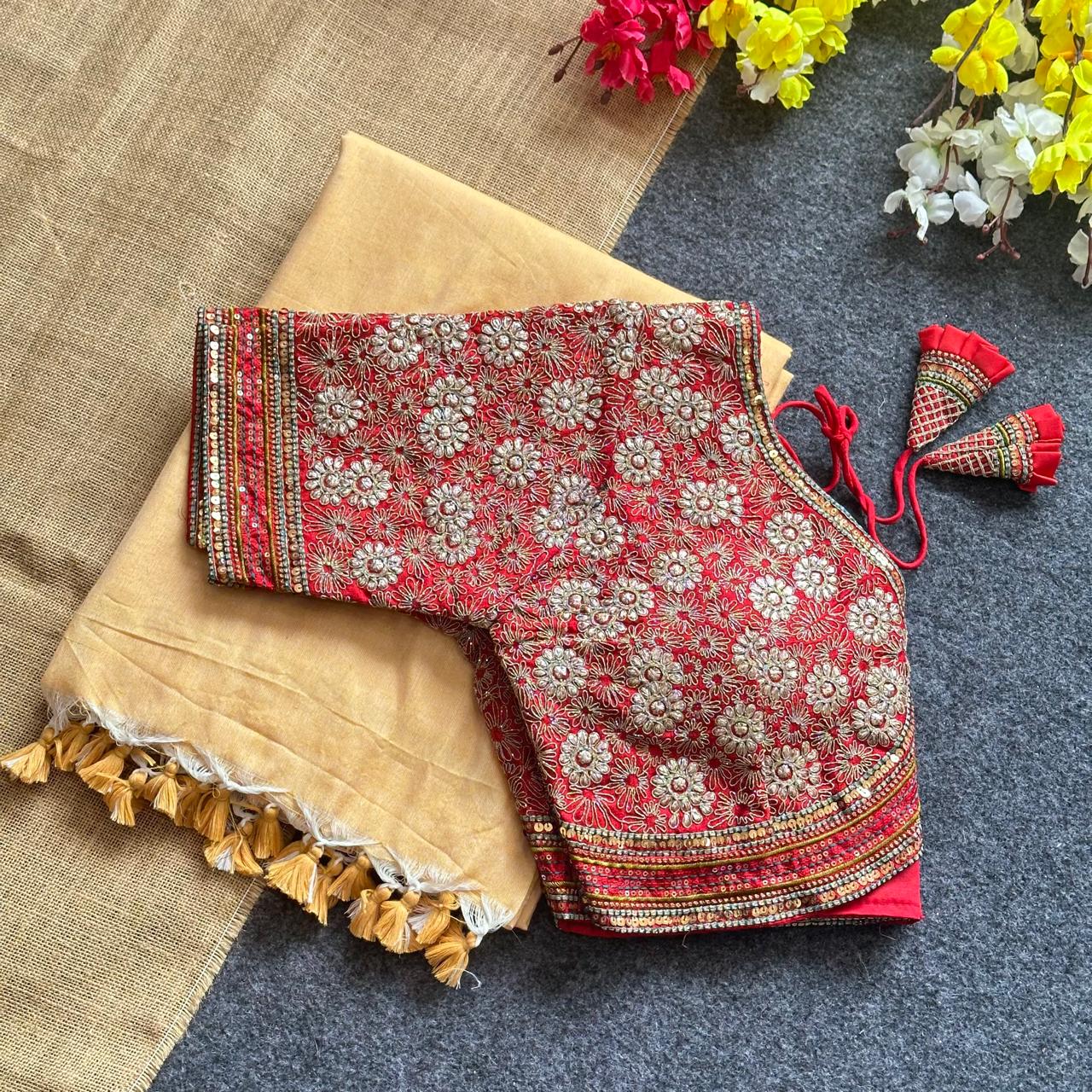 Blousewala presenting a Khadi cotton saree And Beautiful Havy Brodal Embrodiary Blouse💝