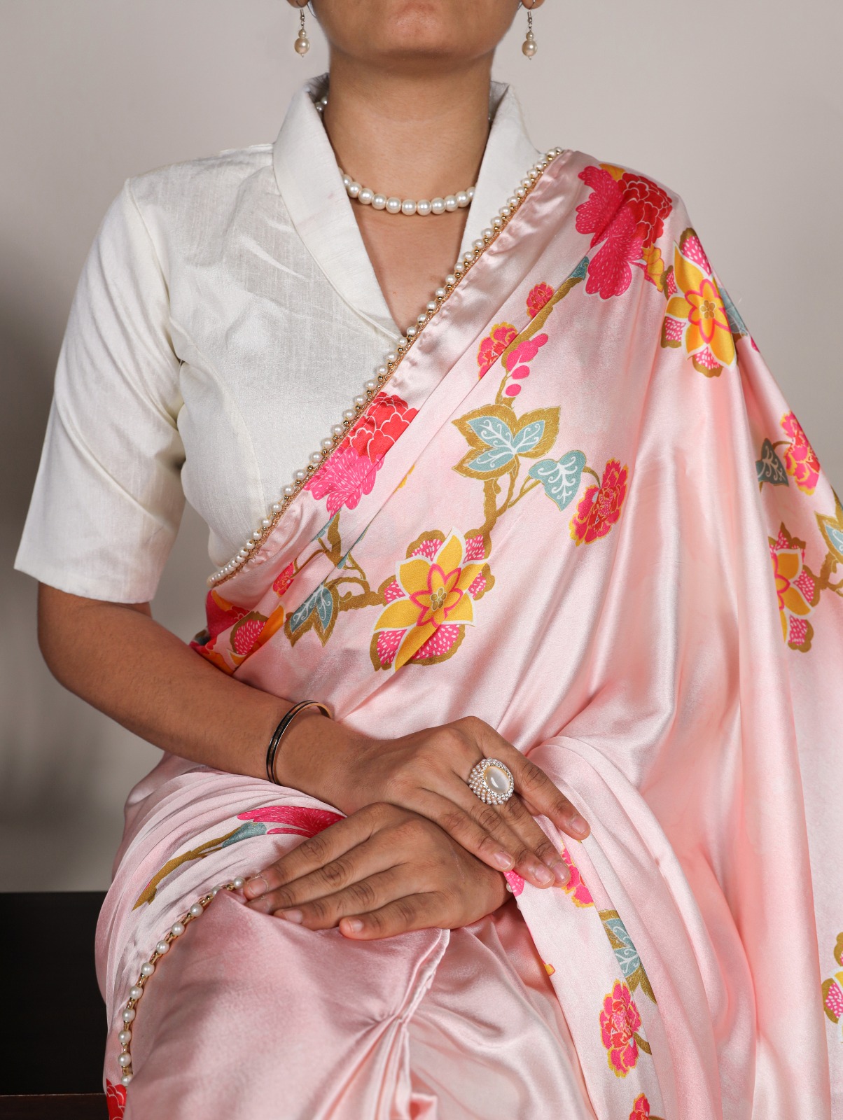 🌷Satin Saree Collection  Pearl-Edged Floral Satin Saree 🪸