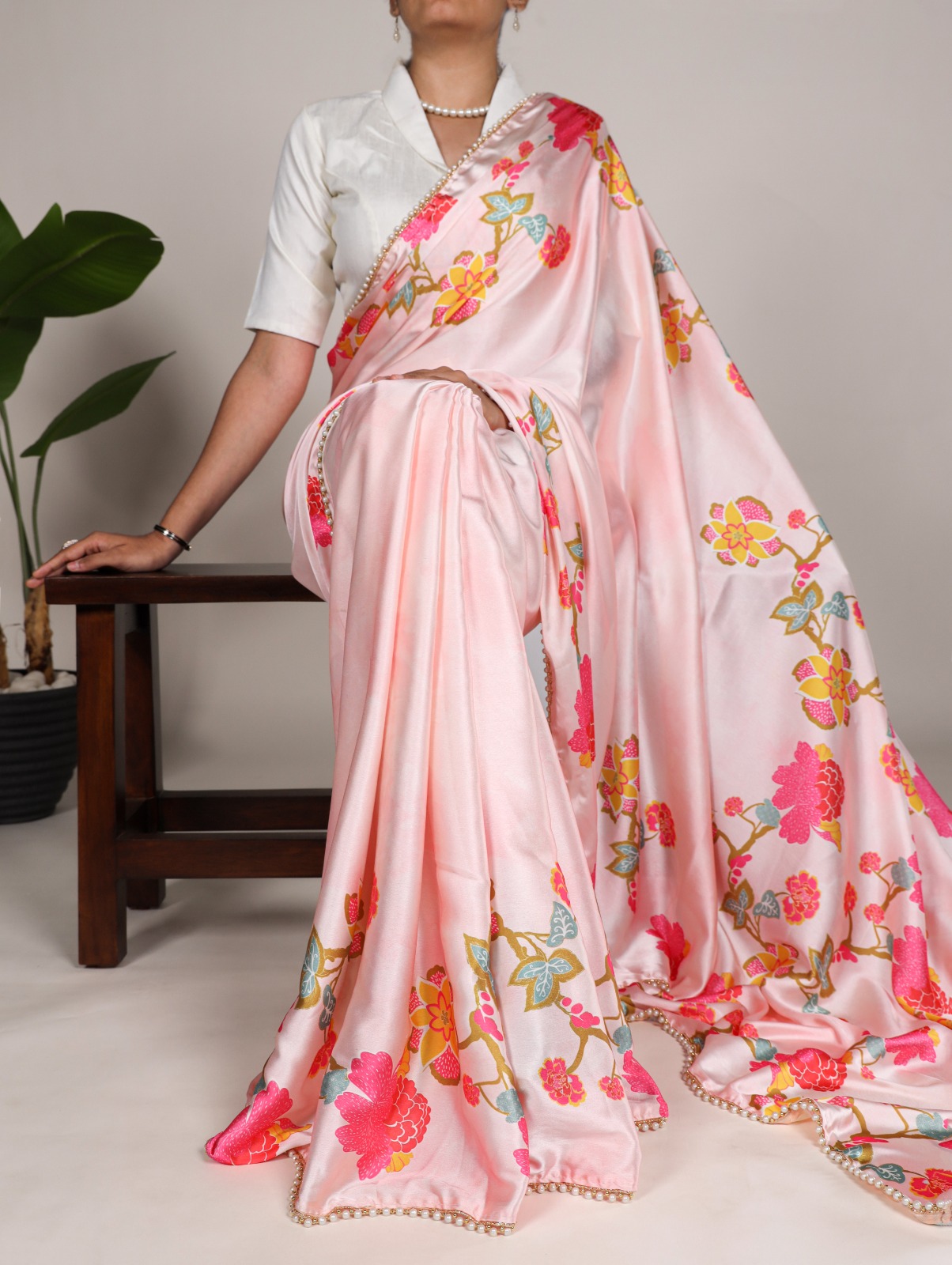 🌷Satin Saree Collection  Pearl-Edged Floral Satin Saree 🪸