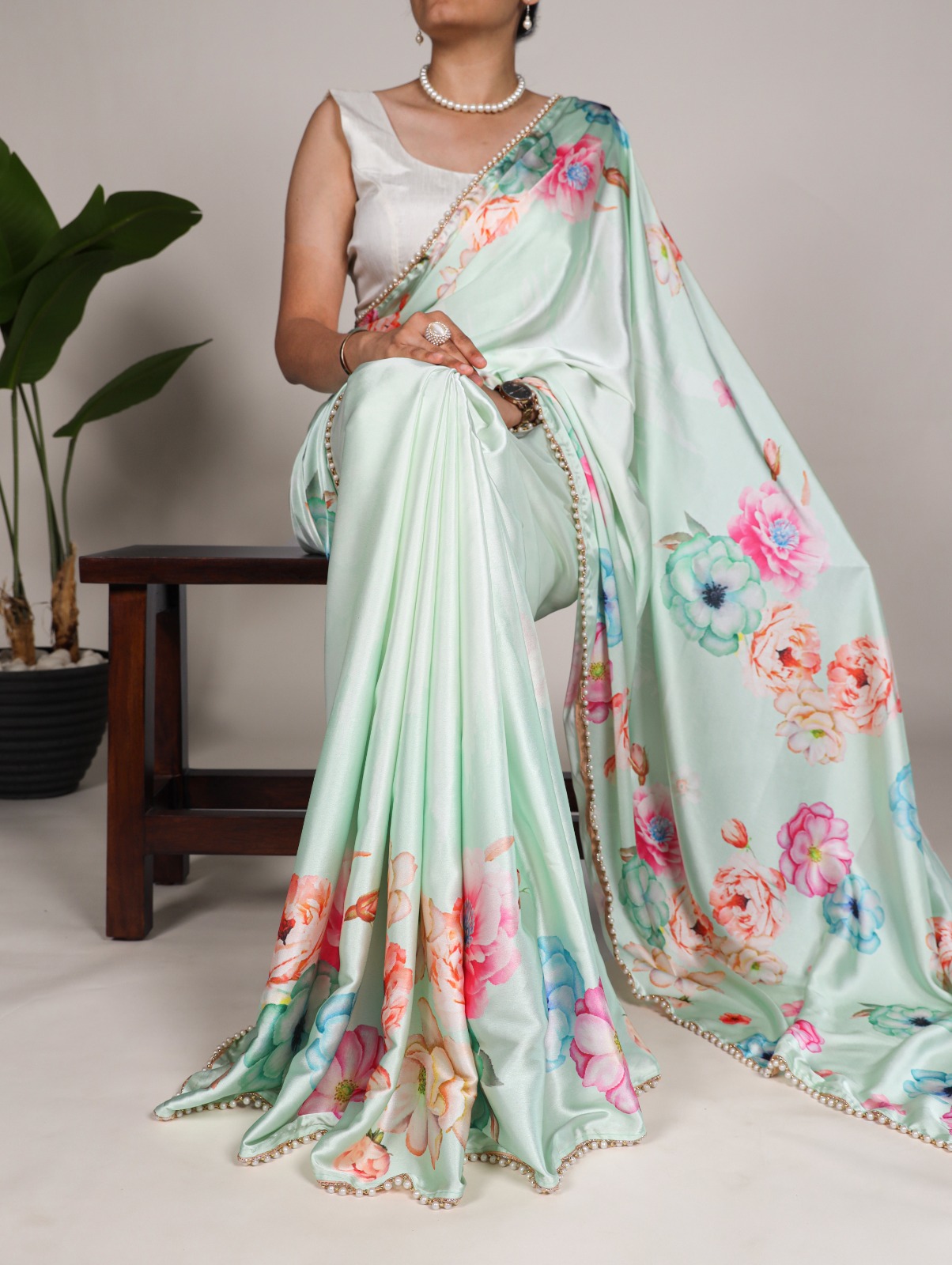 🌷Satin Saree Collection  Pearl-Edged Floral Satin Saree 🪸