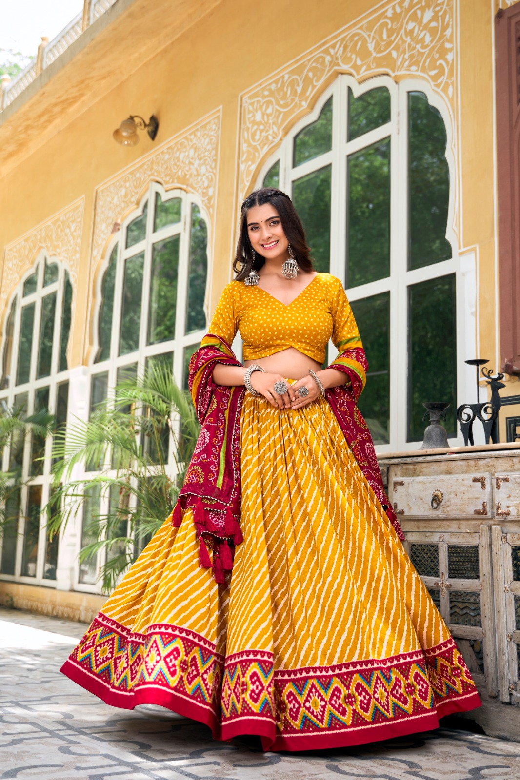 Embrace Cultural Grandeur with Our Elegant Leheriya Print Tussar Silk Lehenga Choli