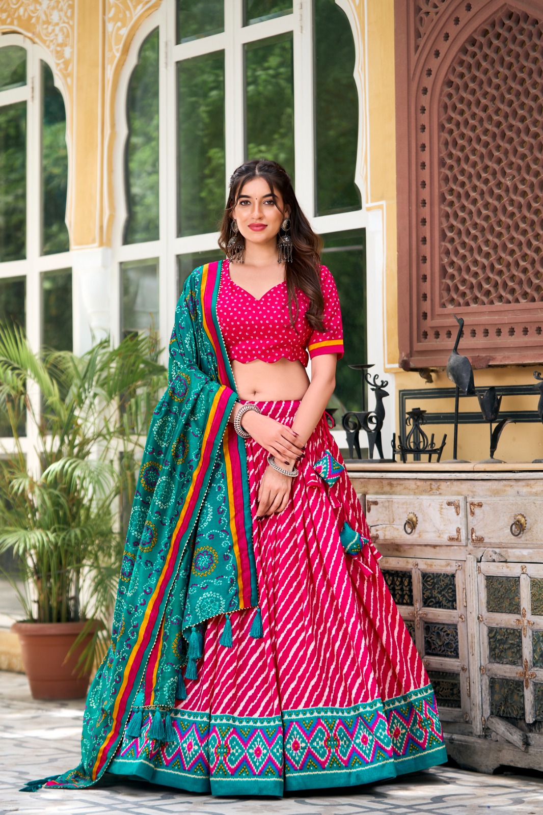 Embrace Cultural Grandeur with Our Elegant Leheriya Print Tussar Silk Lehenga Choli