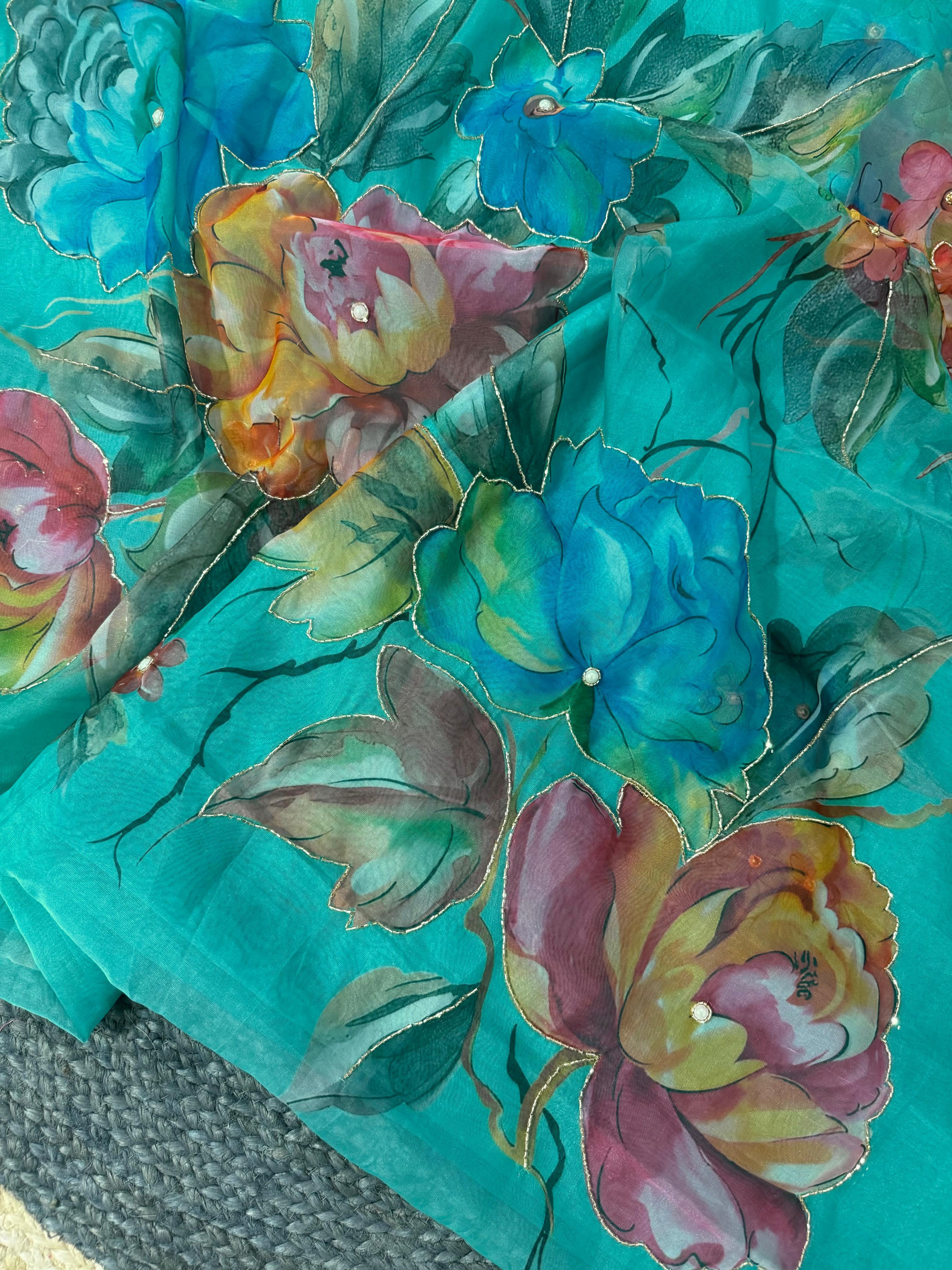 Tebi Soft pure organza handwork sarees