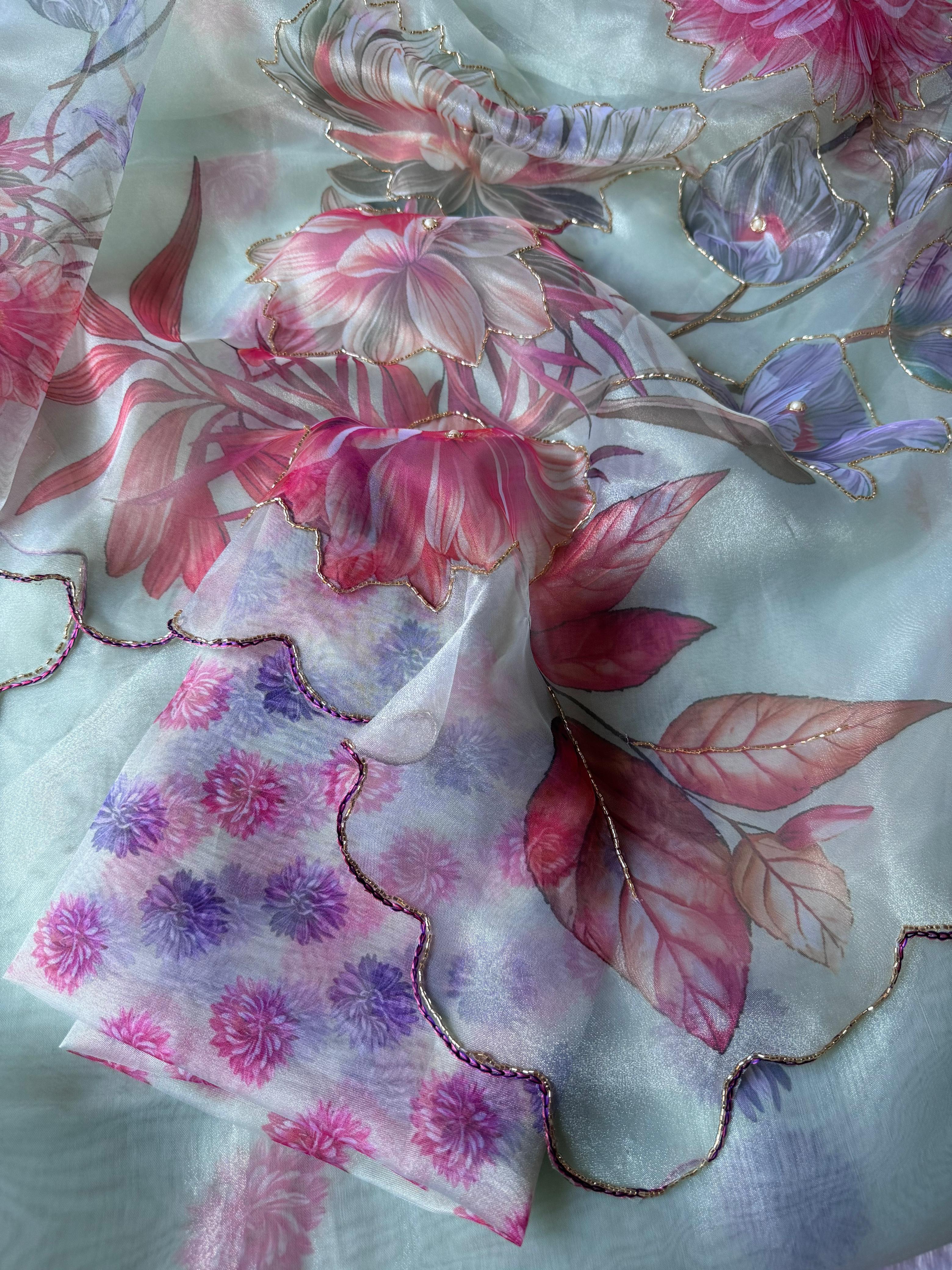 SAREE SOFT ORGANZA DIGITAL PRINT WITH CUTDANA HANDWORK..!