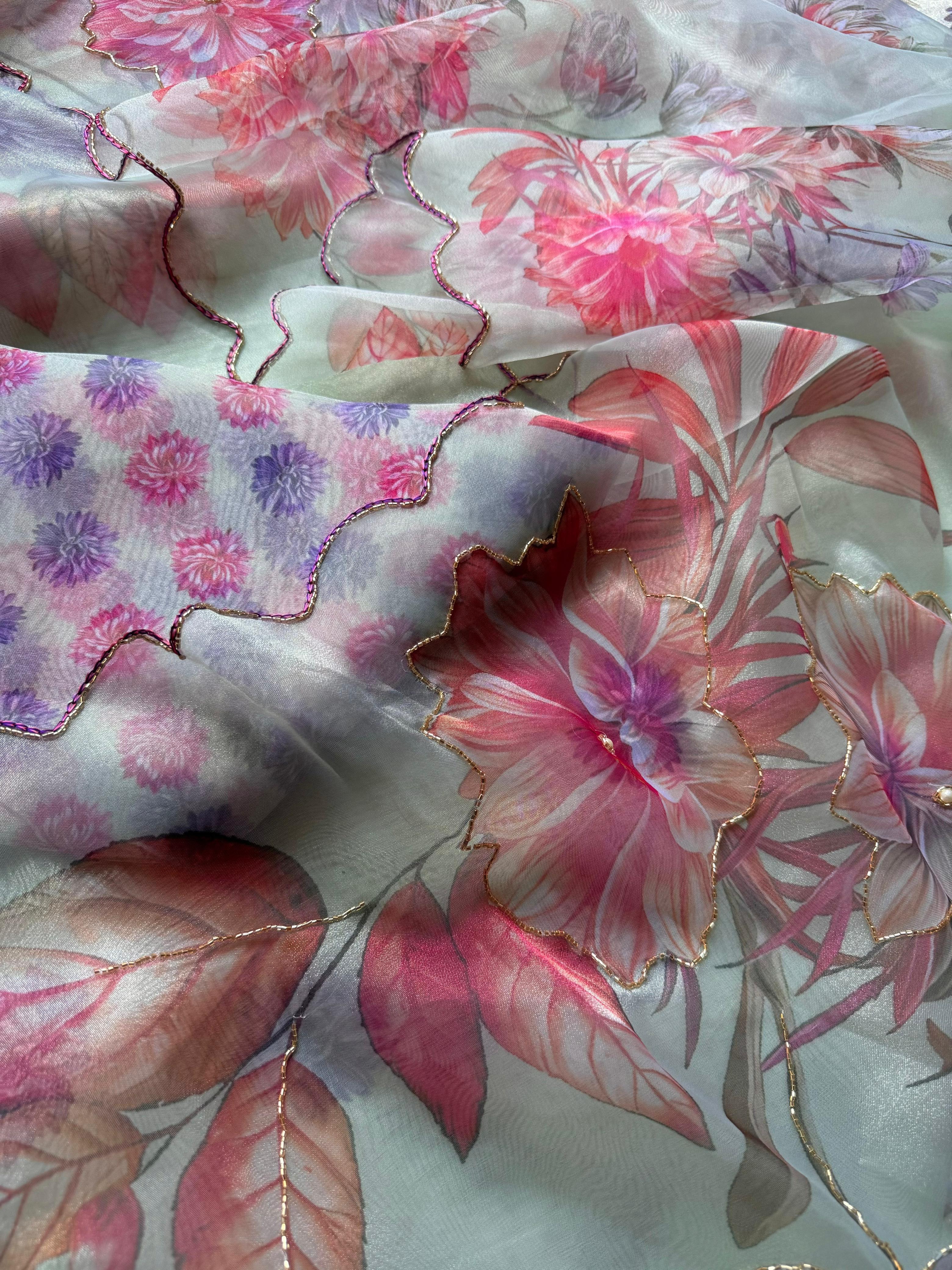 SAREE SOFT ORGANZA DIGITAL PRINT WITH CUTDANA HANDWORK..!