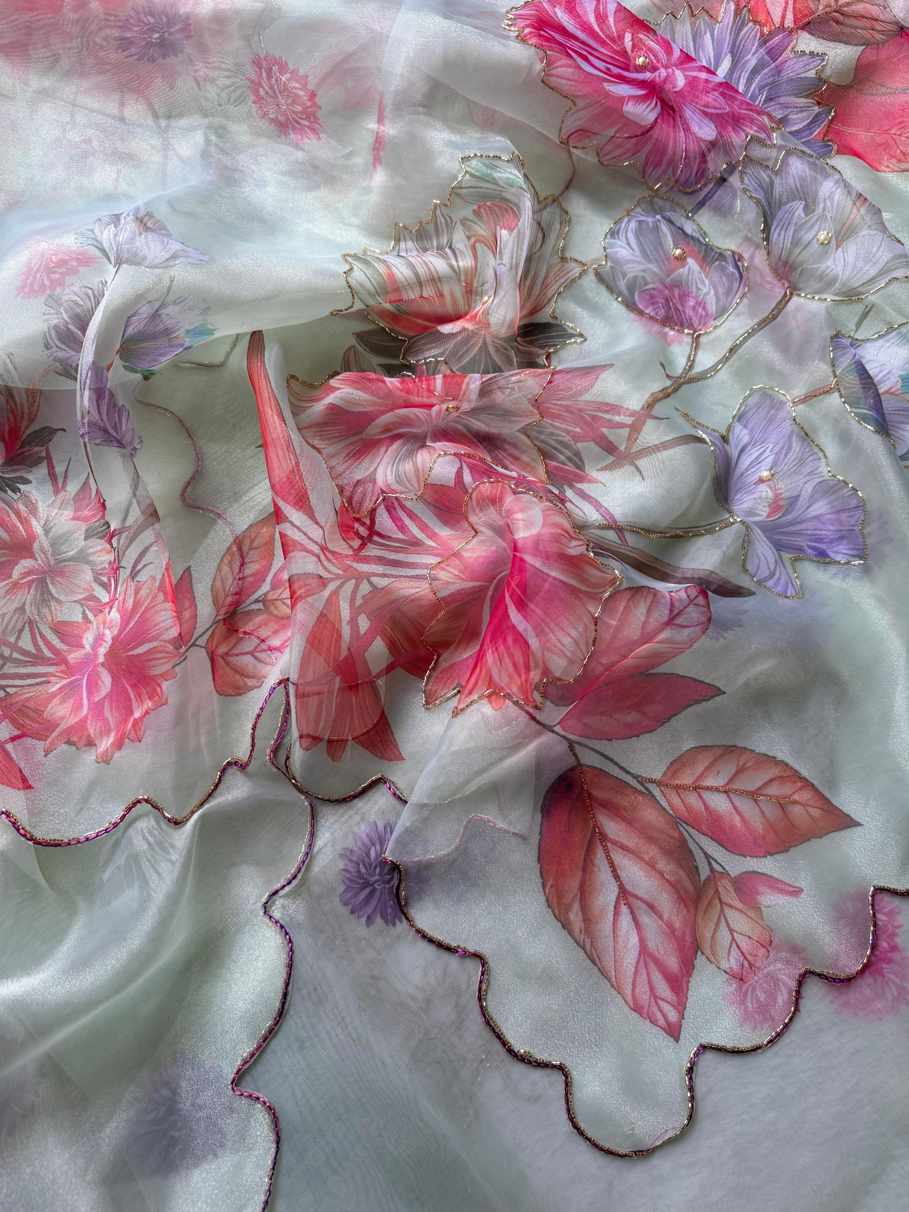 SAREE SOFT ORGANZA DIGITAL PRINT WITH CUTDANA HANDWORK..!