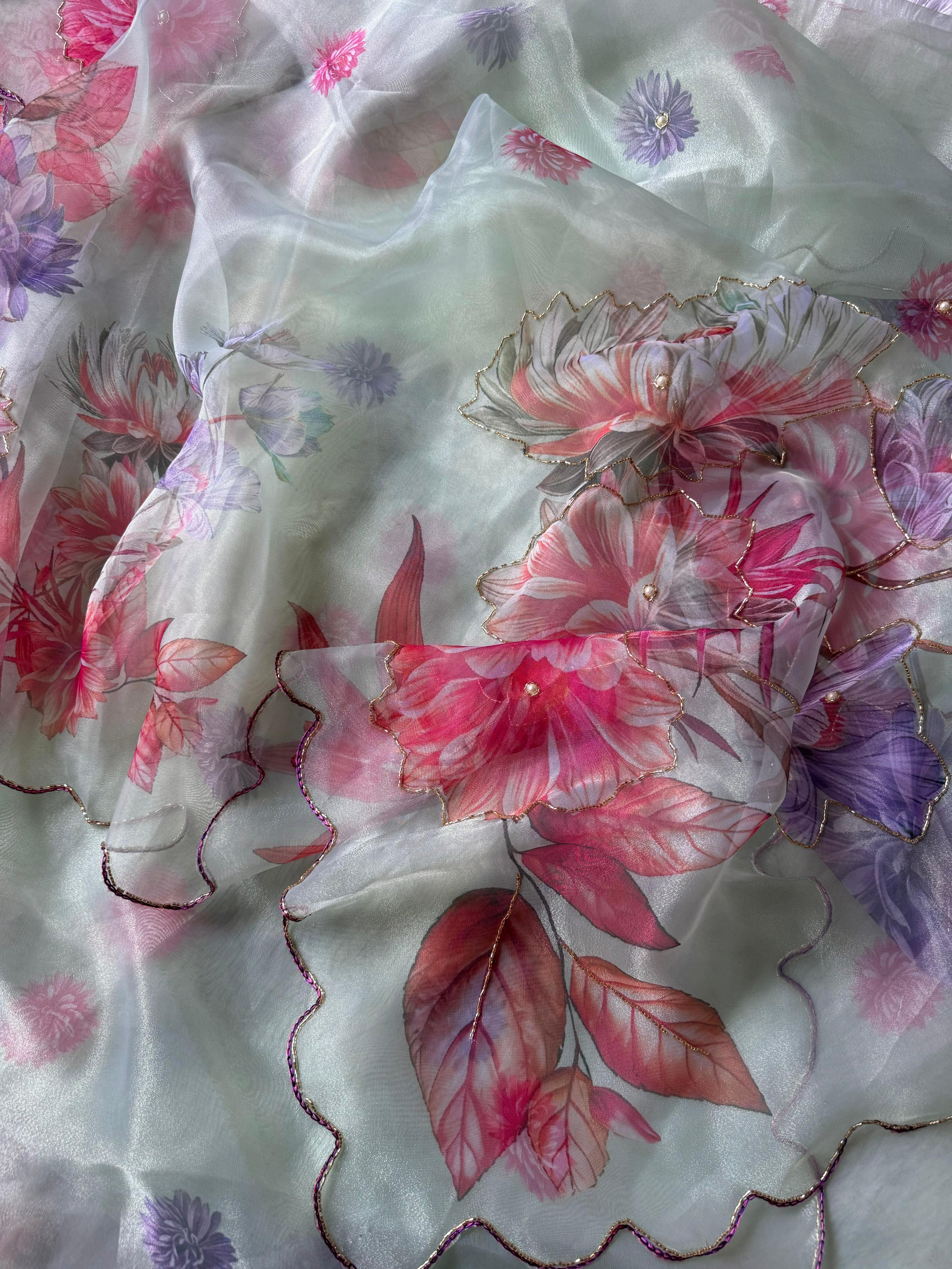 SAREE SOFT ORGANZA DIGITAL PRINT WITH CUTDANA HANDWORK..!